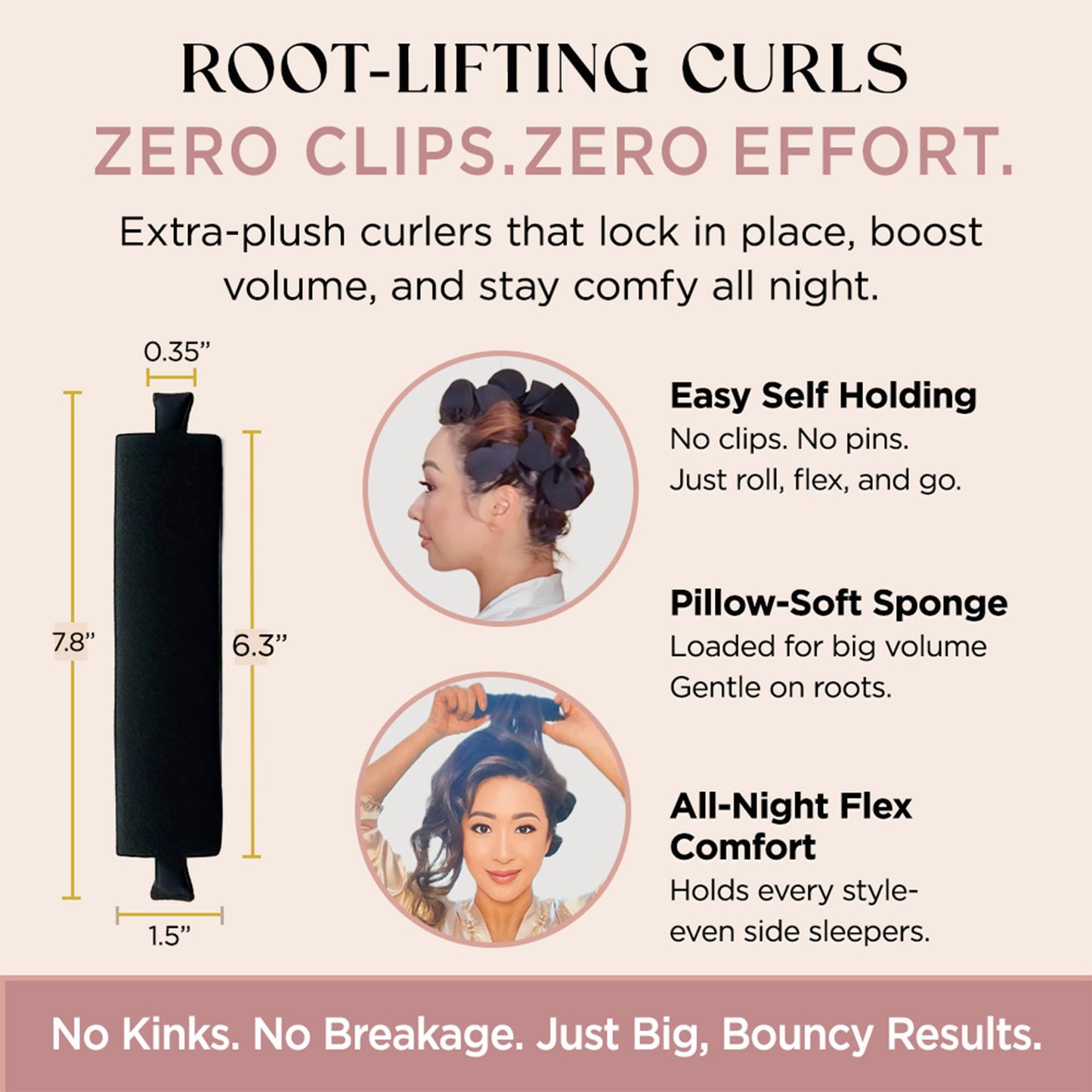 Heatless Hair Curlers – Overnight Foam Rollers for Sleeping, No Heat Curlers for Women, Satin-Wrapped Ends & Soft, 8pc Set for Hollywood Blowout Curls (Black)