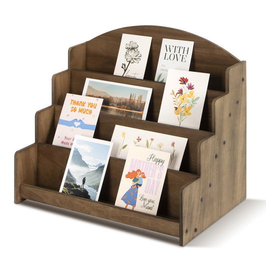 PUERSI Greeting Card Display Stand Holder - 4-Tier Wooden Organizer Rack for Retail Stores, Postcards, Stickers & Stationery Vendors, Brown