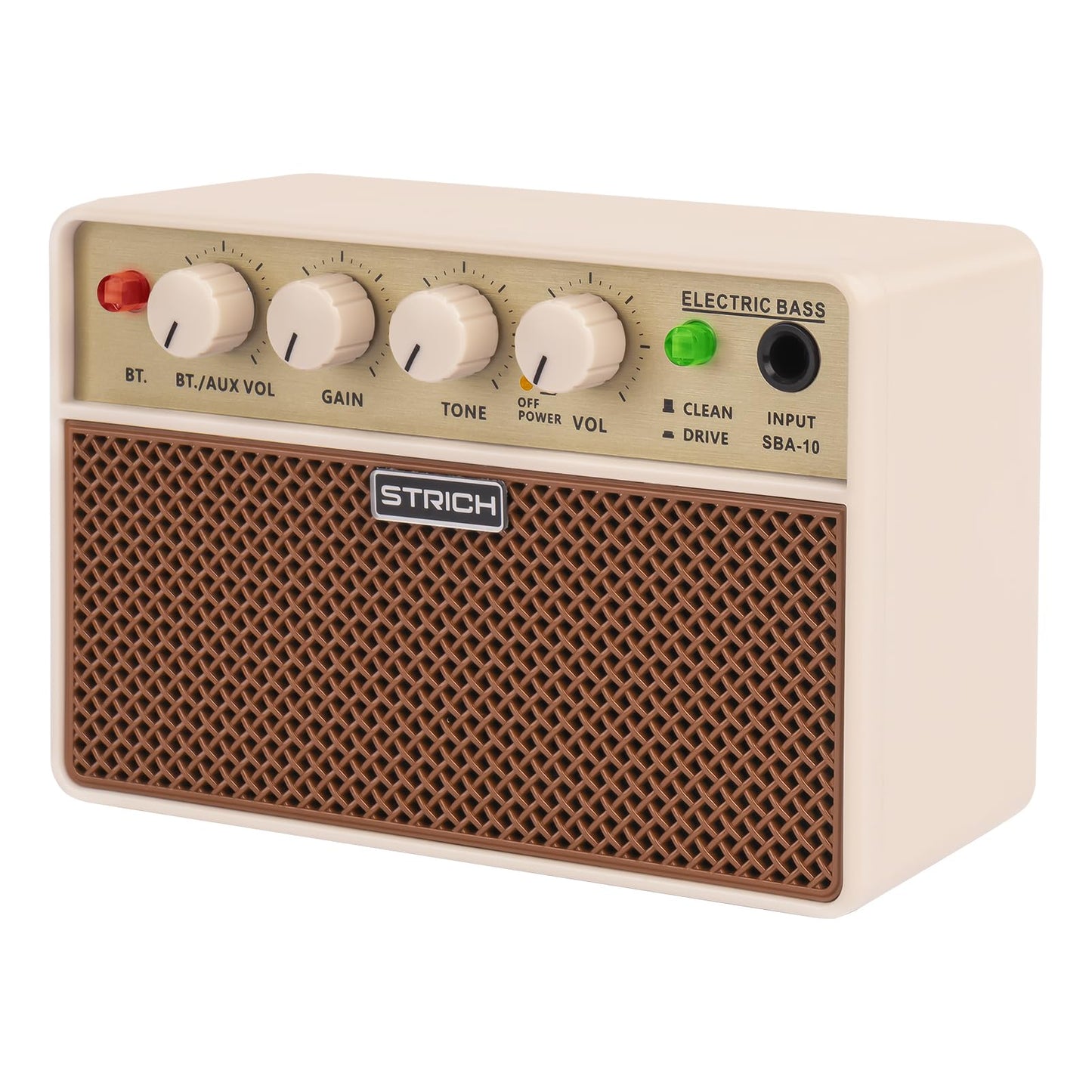 STRICH 2 x 5 W Mini Bass Amp - Portable, Rechargeable Bass Practice Amplifier with Clean & Drive Channels, 1/8 Headphone Output for Beginner, Brown