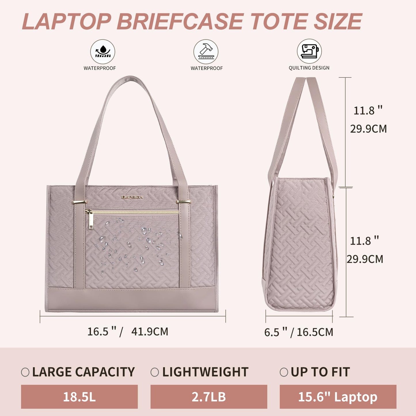 EMPSIGN Laptop Tote bag for women 16 Inch, Stylish Computer Shoulder Tote Bag for Work, Large Capacity Quilted Laptop Briefcase, Waterproof Women Business Office Bag, Quilted Grey Pink
