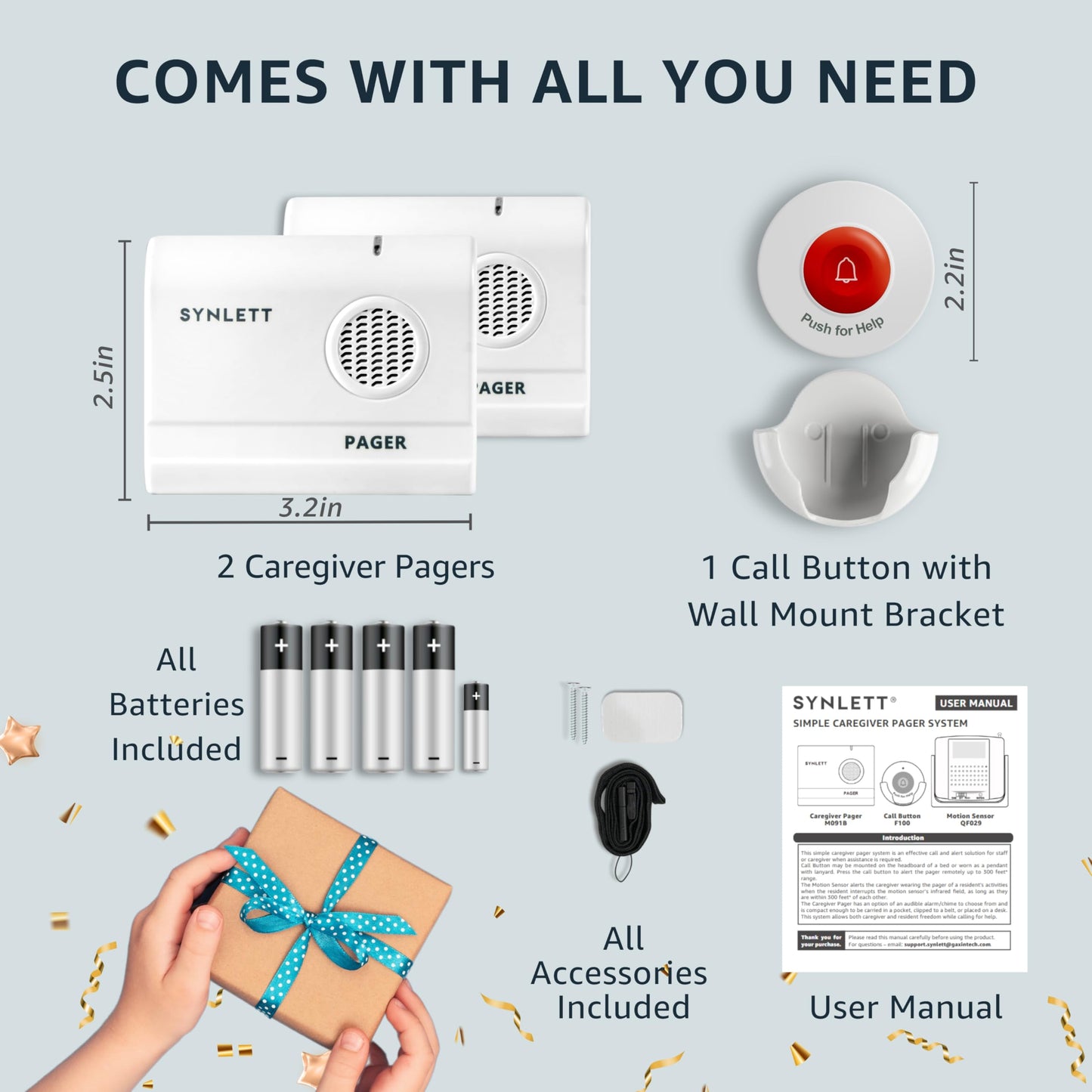 SYNLETT 2 Caregiver Pagers with 1 Call Button SOS Alert System for Elderly Seniors Patients Home Care Nurse Call Bed Alarm Emergency Monitoring