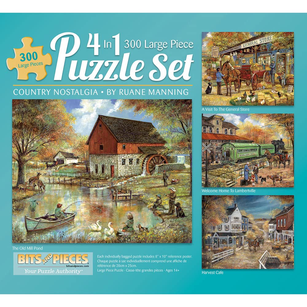 Bits and Pieces – 4-in-1 Multi-Pack 300 Piece Jigsaw Puzzles for Adults – Country Pond Harvest Café Home General Store Jigsaw Puzzles by Artist Ruane Manning, Completed Puzzle Size: 16" x 20"