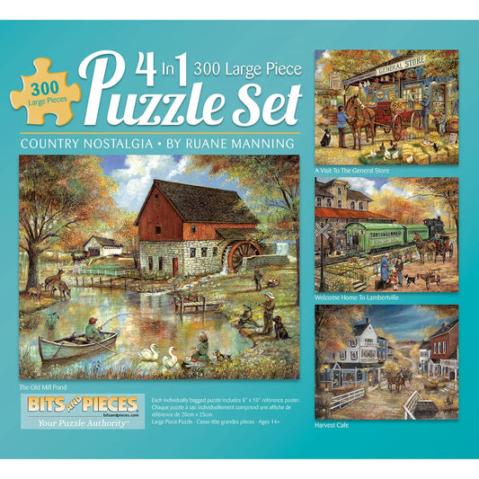 Bits and Pieces – 4-in-1 Multi-Pack 300 Piece Jigsaw Puzzles for Adults – Country Pond Harvest Café Home General Store Jigsaw Puzzles by Artist Ruane Manning, Completed Puzzle Size: 16" x 20"