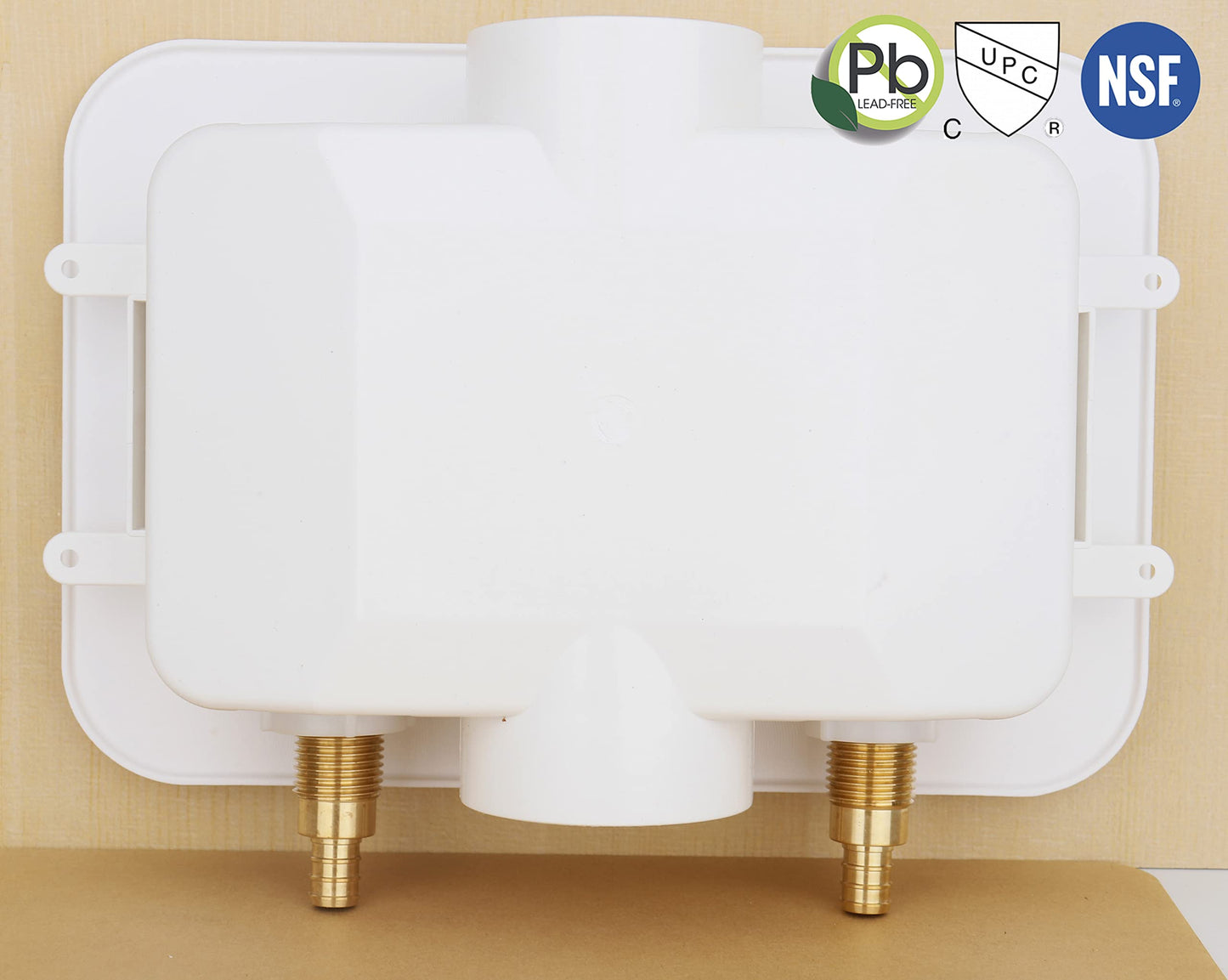 WHK Washing Machine Outlet Box,Pex Laundry Box Washer Wall Box With Drain Recessed Water Valve Box Center Double Drain 1/2-inch Crimp PEX B,PVC White (With Stainless Steel Water Hammer Arrester)