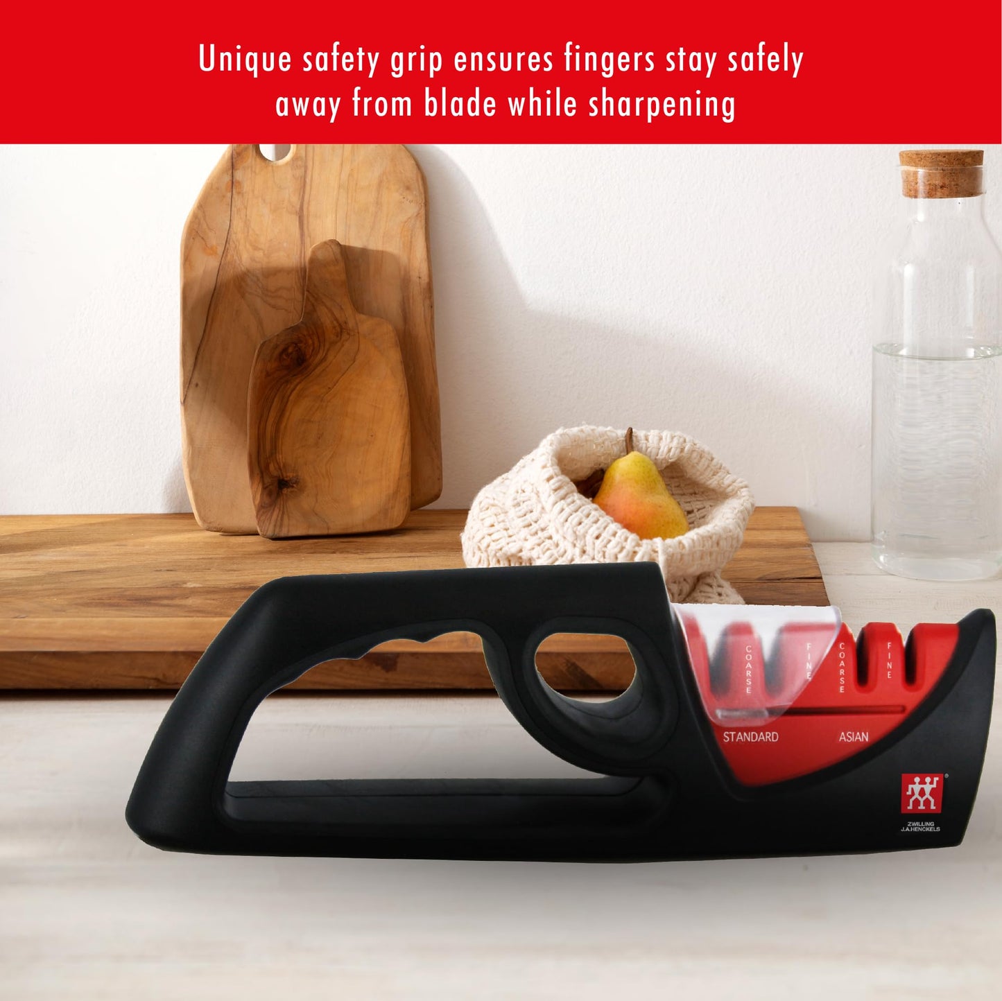 ZWILLING 4 Stage Pull-Through Knife Sharpener - Safety Grip, Non-Slip Base, for Western/Asian Honing, Black, Regular, 32602-001