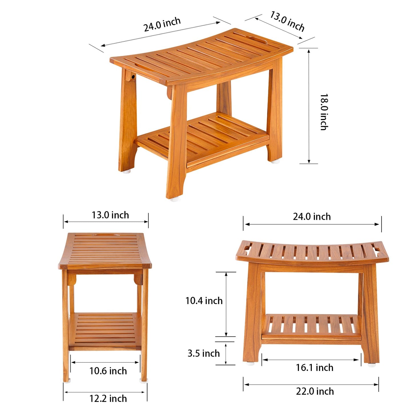 24" Large Teak Shower Bench with Shelf & Handle - Waterproof Spa Stool, Non-Slip Leveling Feet & 300 lbs Capacity - for Showers, Saunas/Steam Rooms & Outdoor Pools (Patented)