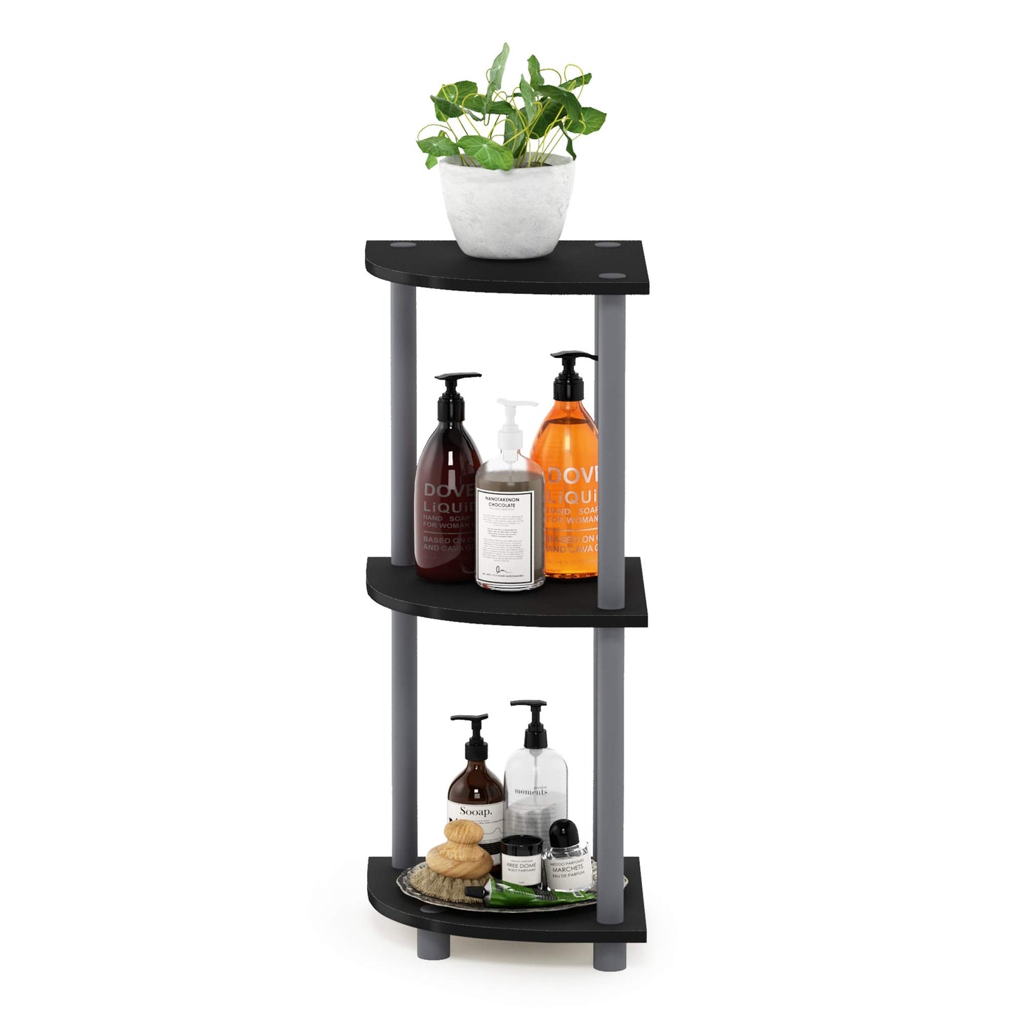 Furinno TURN-N-TUBE Corner Shelf, 3-Tier Open Corner Book Shelf, Display Bookshelf, for Organization and Storage, Living Room, Bedroom, Home Office, Black/Grey