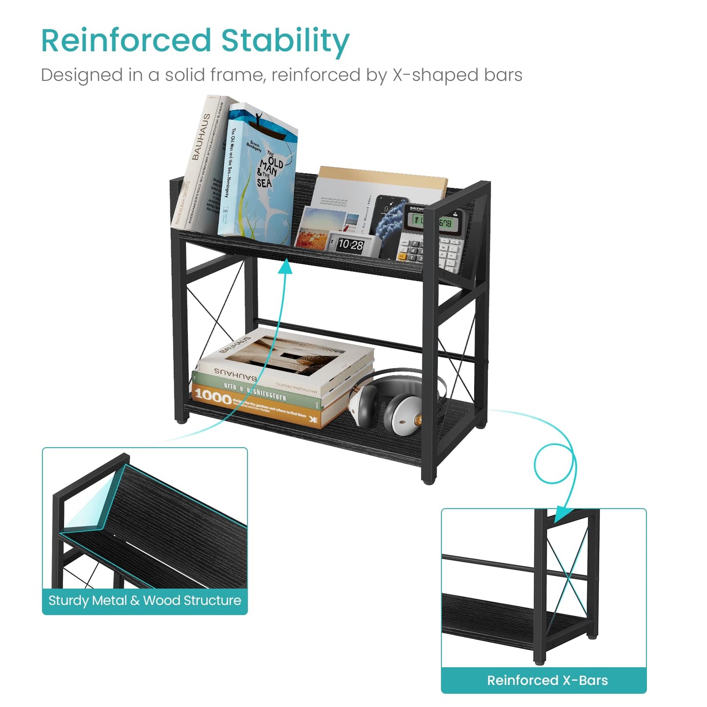 ELITEROO Desktop Bookshelf, 2 Tier Desk Book Organizer Shelf, Wood Tabletop Bookshelf Storage, Small Desk Top Bookcase for Office, Home, or Study, Mini Table Book Rack for Display, Black