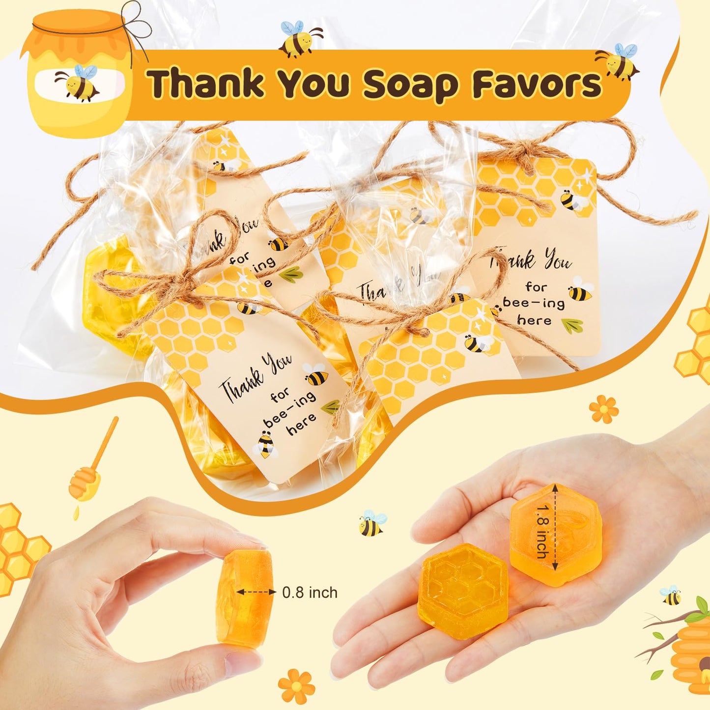 Otuuz 48 Pcs Baby Shower Favors Bee Party Favors Including Honeycomb Soap with Thank You Card Gift Honey Soap for Guest Gender Reveal Honey Gift Birthday Party Decorations (Yellow)