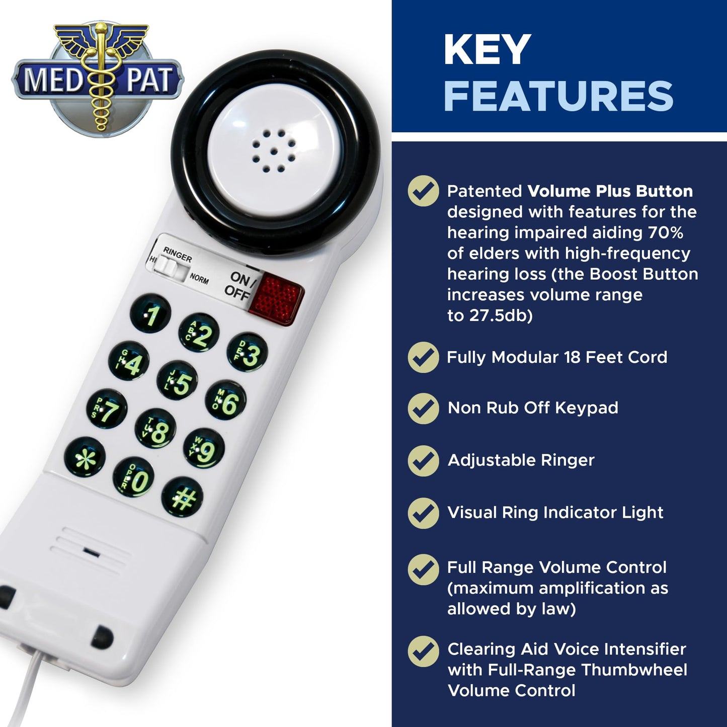 Med-Pat XL88Q - Easy to Use One-Piece Telephone with Ring/in-Use Light Indicator, Extra Loud-Extra Clear Volume Boost, for Busy Settings, Elderly & Teenagers, Corded Landline Telephone, Pack of 1