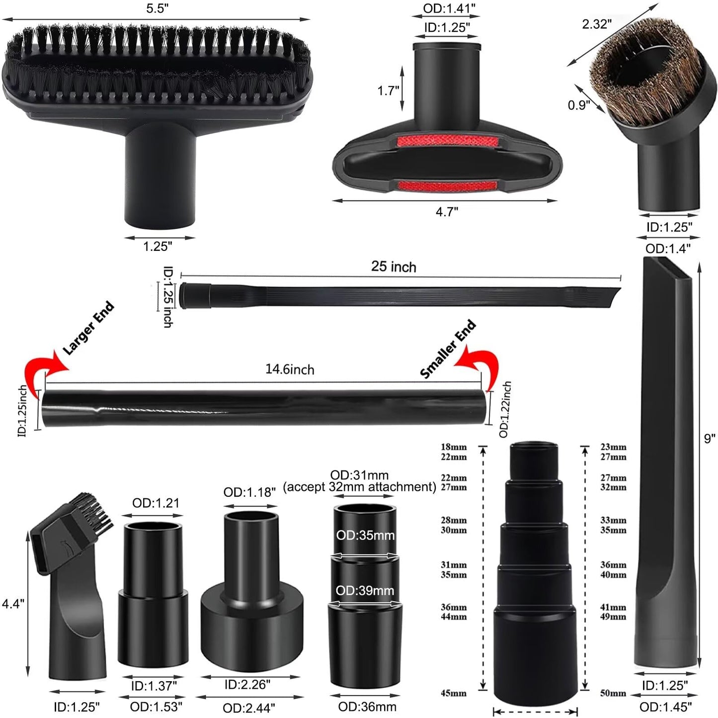 15 Pcs Universal Vacuum Attachments & Brushes for Shop Vac Accessories - 2 1/2" to 1 1/4" Hose Adapter, 1 7/8" to 1" Vacuum Hose Adapter, 1 1/4" for Shop Vac Cleaner Attachments