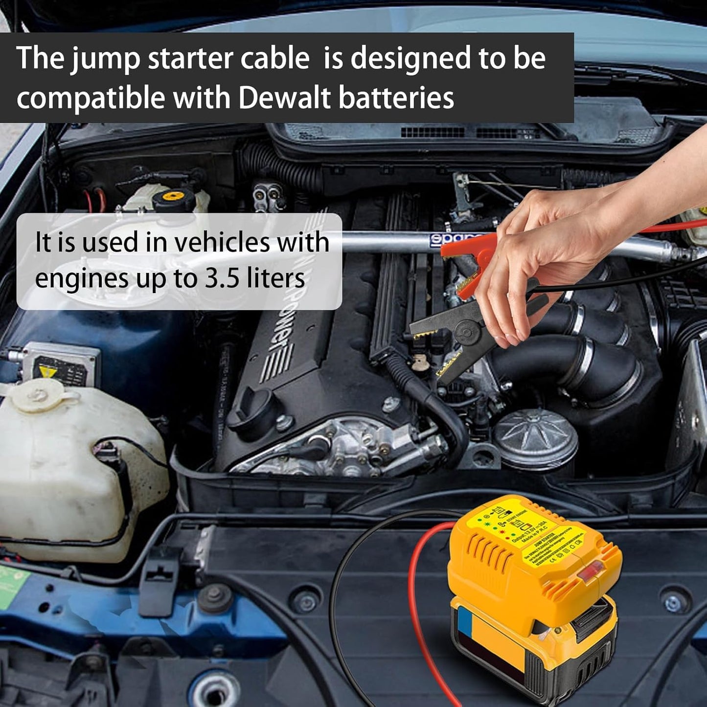 Car Jumper Starters Adapter for Dewalt 20V Battery with 12V Car Jumper Clampes, Up to 3.5 Gas or 6.5L Diesel Engines, 11 AWG Jump Kit Cable Automotive Car Booster