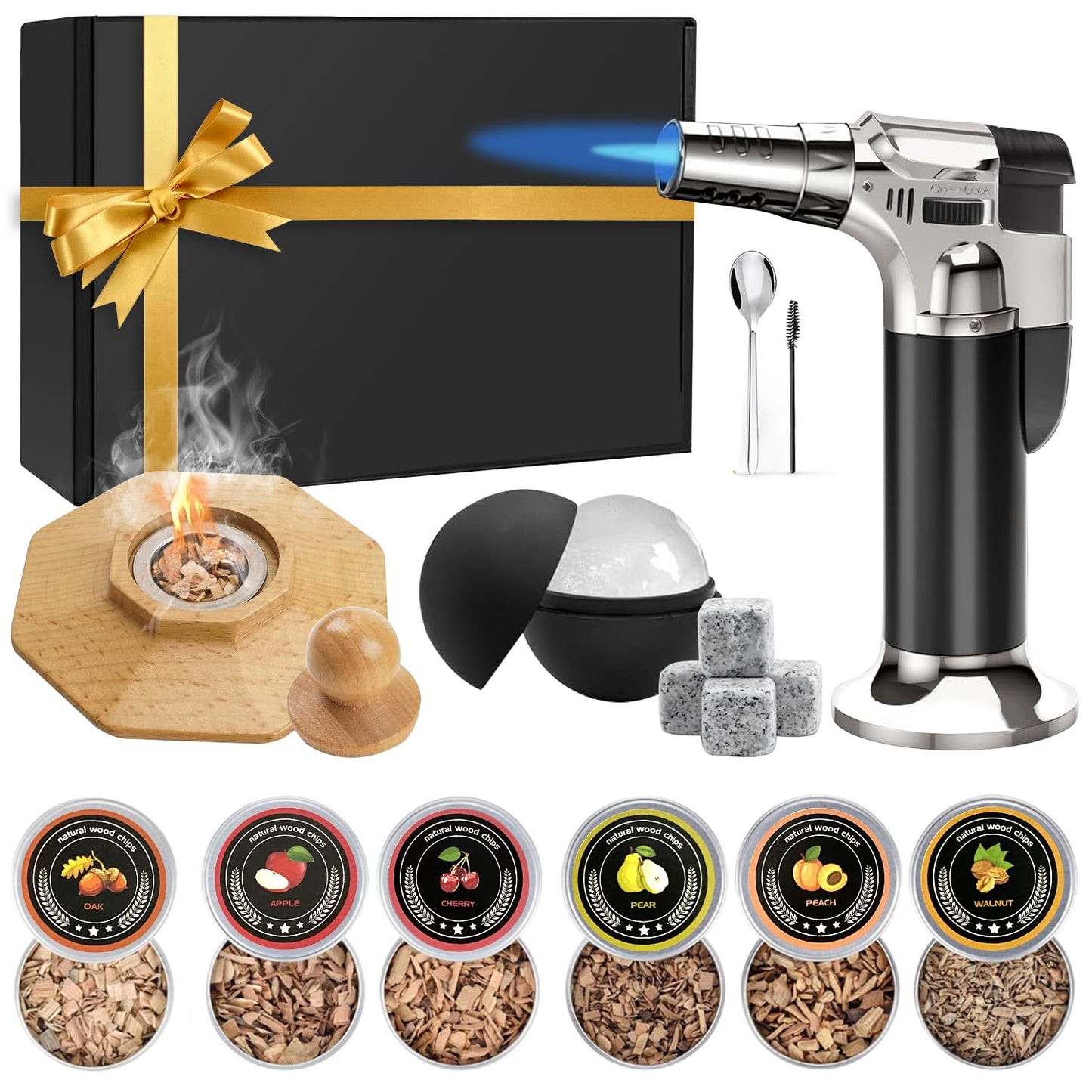 Whiskey Smoker Kit with Torch, Old Fashioned Cocktail Smoker Kit, Christmas Birthday Gifts for Him Dad Men Husband Grandpa, 6 Flavors Wooden Chips, 4 Granite Whiskey Stones, Ice Ball included