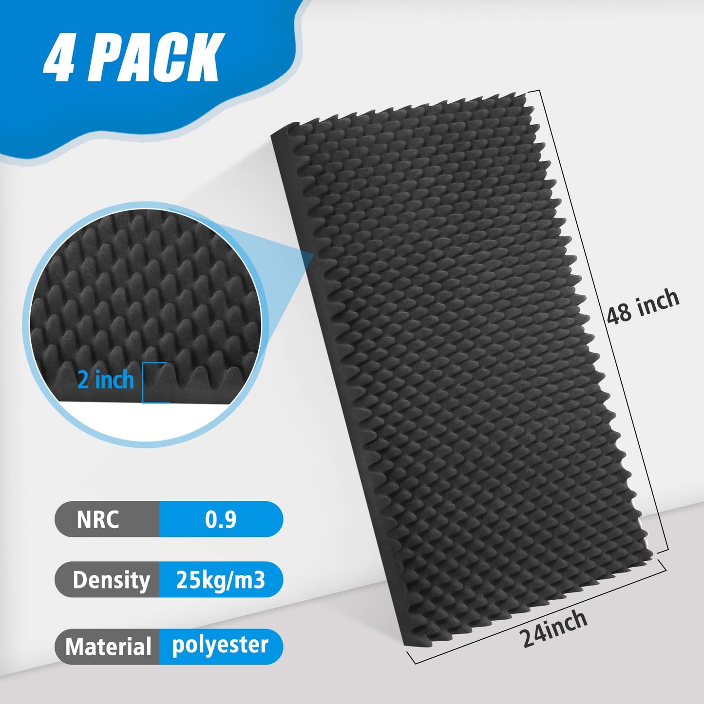 4 Pack Acoustic Foam Panels, 48 x 24 x 2" Sound Absorbing Panels High Density Studio Wedge Tiles Fire Resistant Acoustic Panels for Home,Office, Recording Room, Studio (Black 4 Pack, 48 x 24 x 2")