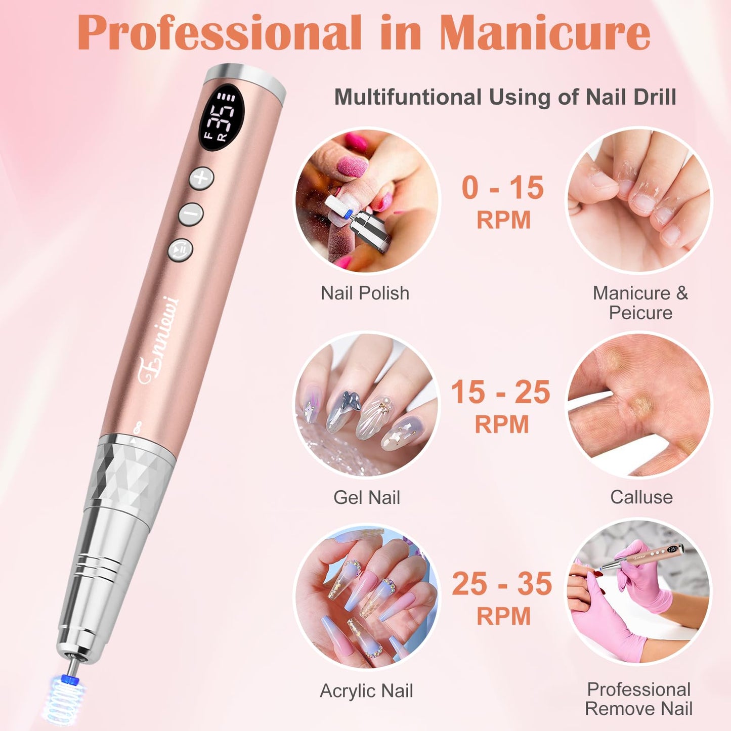Enniewi Electric Nail Drill 35000RPM Professional Cordless E File, Rechargeable Nail Tools for Acrylic Gel Nails, Portable Manicure Pedicure Kit with Travel Bag, 6 Nail Drill Bits