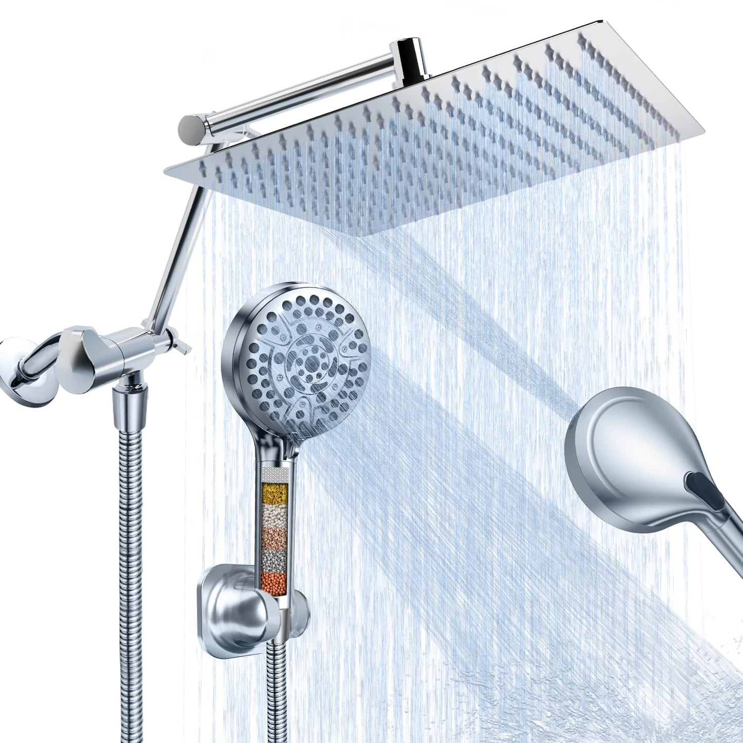 PALAS Rainfall Shower Head/Handheld Showerheads Combo, High Pressure Shower Head with Filter, Reinforced 60" Hose/Holder,Extension Arm Height/Angle Adjustable, Anti-Clog Nozzle (Chrome-8 Inches)
