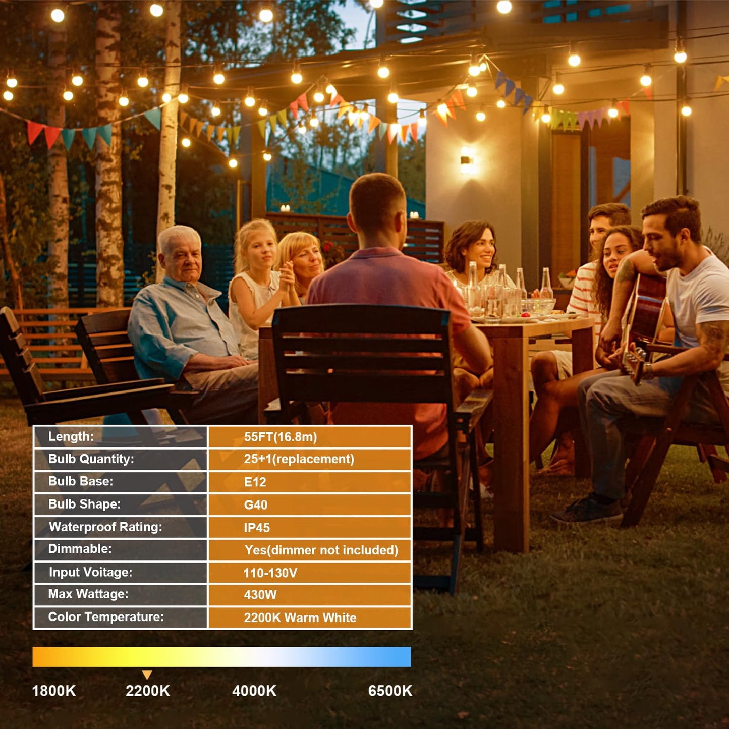 OHLUX Outdoor String Lights, 55FT G40 Globe LED Patio Lights with 26 Edison Dimmable LED Bulbs, 2200K Waterproof Connectable Hanging for Backyard Porch Cafe Party Decor, E12 Socket Base