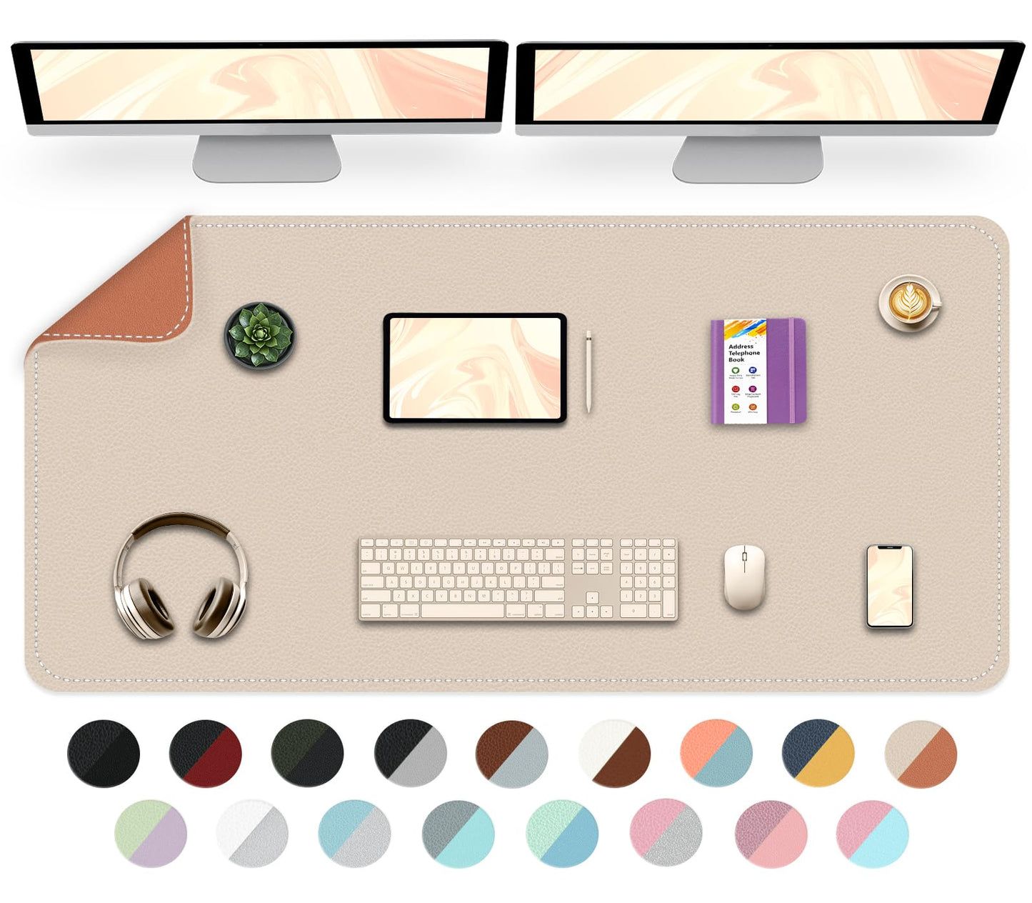 Dual-Sided Desk Mat, Large Desk Pad, Waterproof Smooth PU Leather Desk Blotter Protector Mouse Pad, Desk Organizers, Office/Home Table Decor for Reading and Writing (Beige+Orange, 47.2''×23.6'')