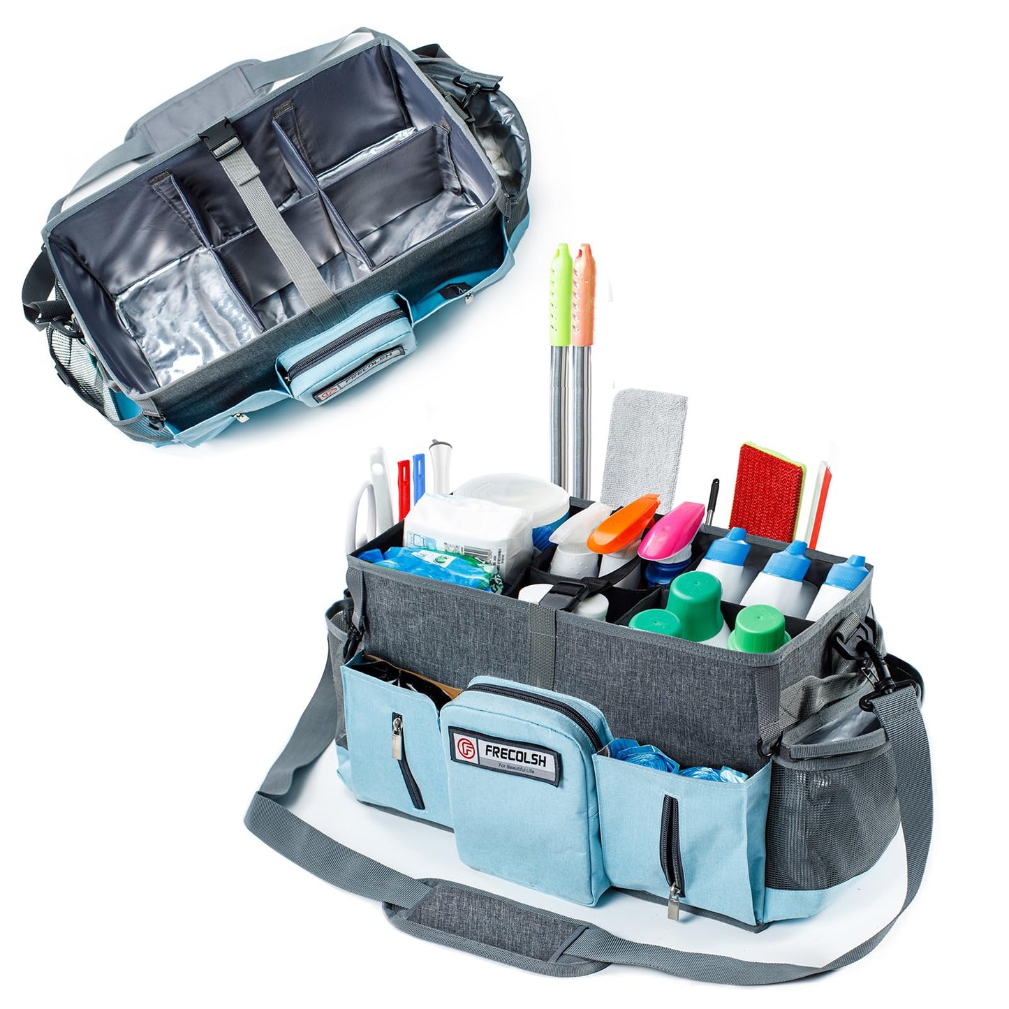 FRECOLSH Large Supplies Organizer - Cleaning Caddy With Handles & Shoulder Strap - Bags for Suppliers - Housekeepers Wearable Tote Upgraded