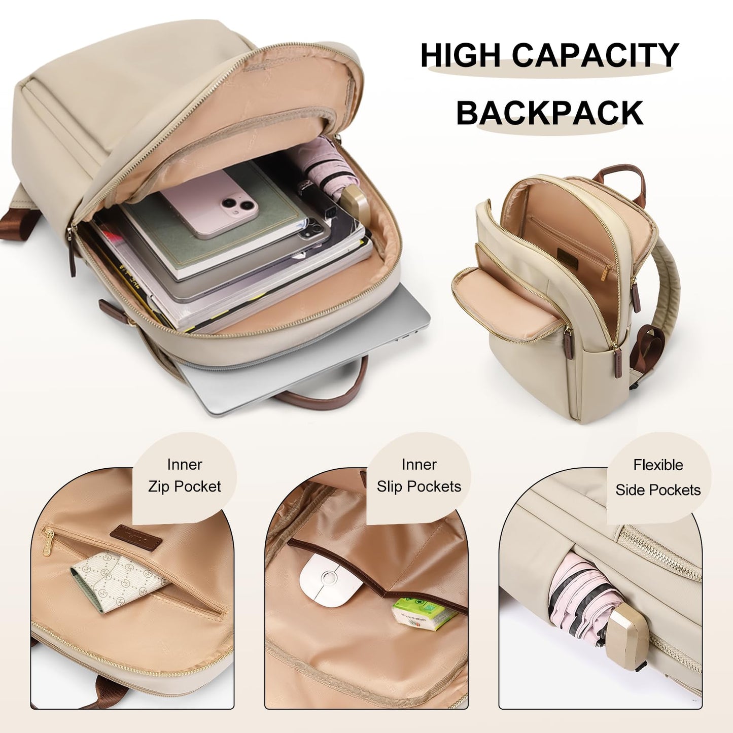 GOLF QUALITY Laptop Backpack for Women Travel Work Commute Casual Daypack Backpack Purse Computer Bags Fit 14 Inch Notebook, Apricot