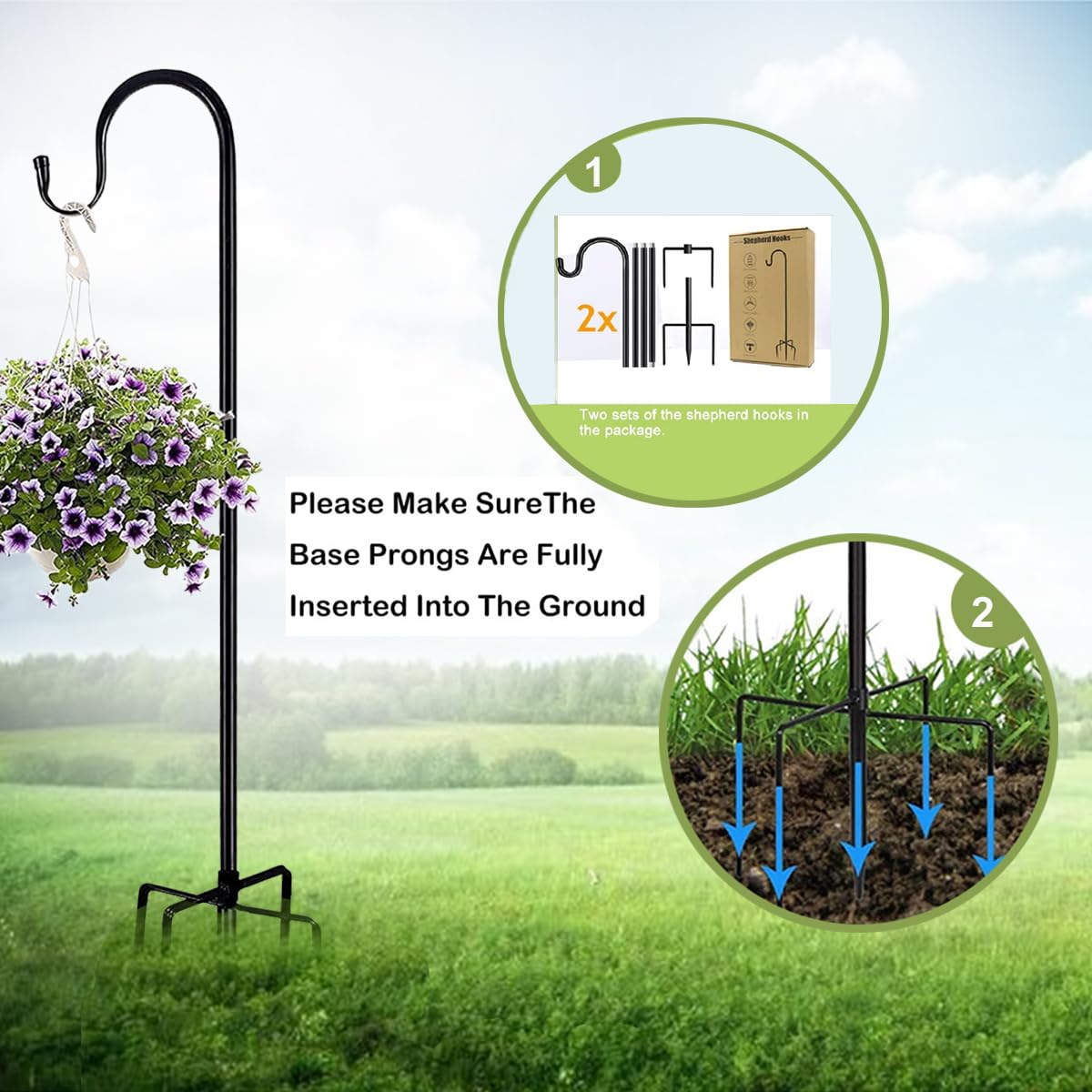 2pk Shepherd Hook 92inch,Garden Bird Feeders Pole with 5 Prong Base,Heavy Duty Metal Shepherd Stand,Bird Feeder Holder for Hanging Birdhouses,Flower Pots,Lanterns,Wedding Decor,Plant Hanger