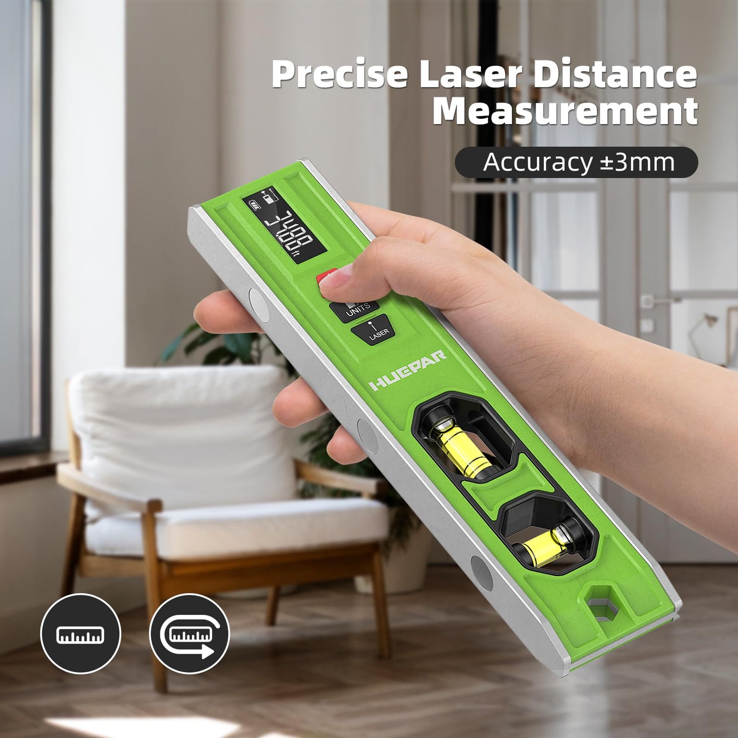 Huepar Rechargeable 3-in-1 Laser Leveling Tool with Light, Bubble Level and 66Ft Laser Distance Measure, 10 Inch Torpedo Level, Magnetic Spirit Level for Construction or Home Renovation