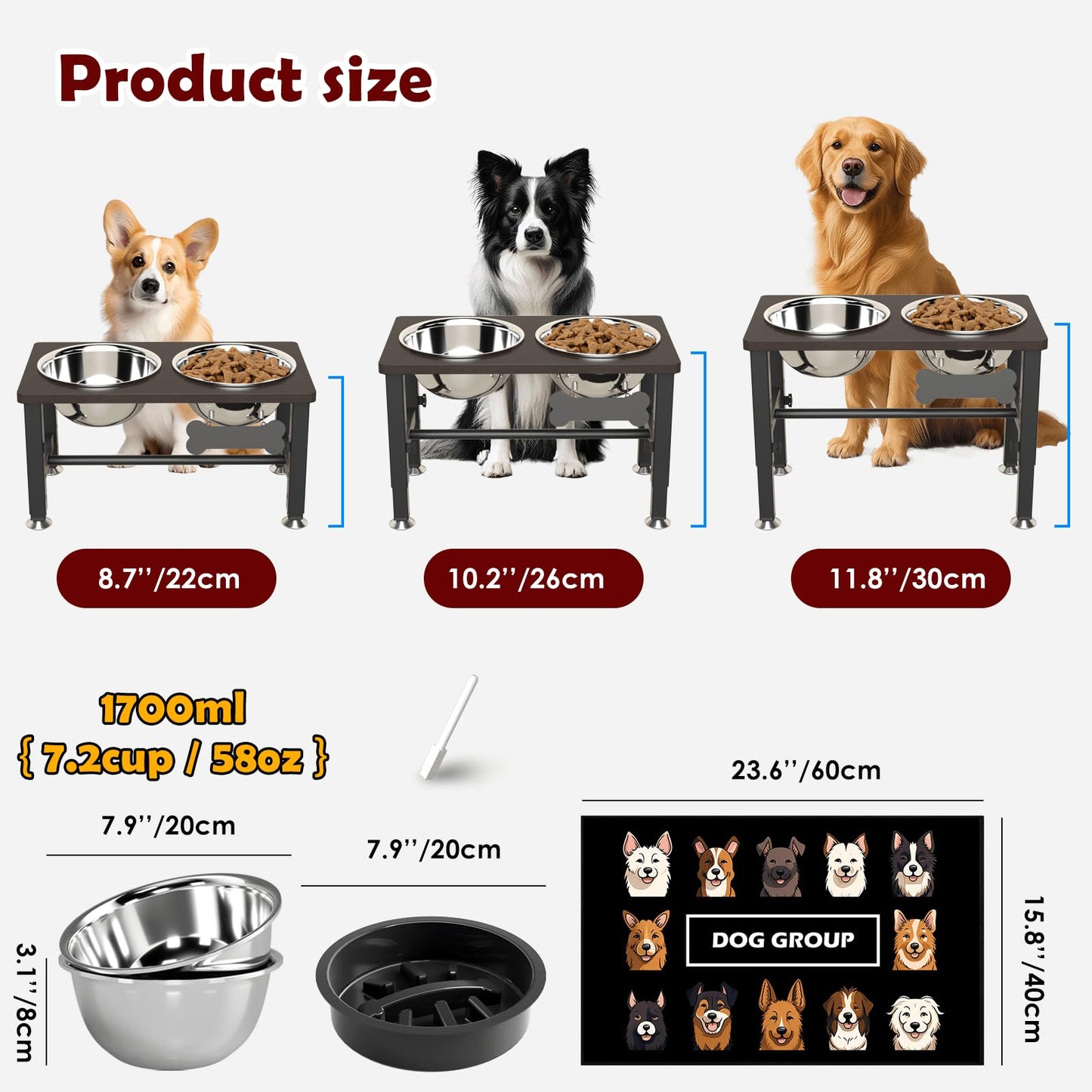 SHAINFUN Elevated Dog Bowls with Slow Feeder & Mat for Medium and Large Dogs, 16" Tall Adjustable Wooden & Metal Raised Dog Bowl Stand, 2 Stainless Steel 58oz Bowls for Food & Water