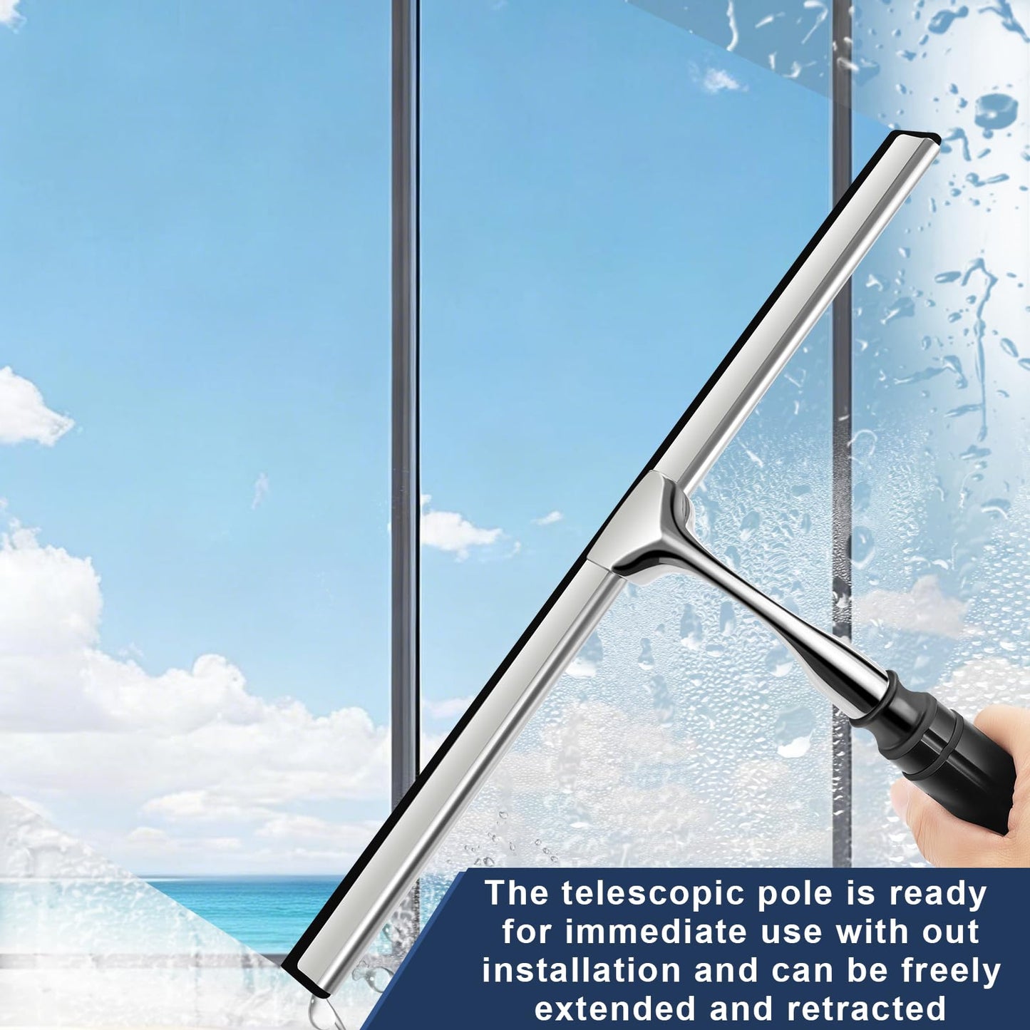 17'' - 62'' Metal Squeegee with Extension Pole for Window,Glass Door,Mirror, 12'' Wide Telescopic Shower Squeegee Cleaner with Long Handle for Cleaning Tile Wall,Floor,Bath,Car Windshield,Solar Panel