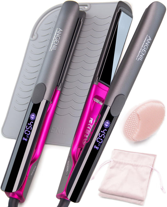 ANGENIL Pro Titanium Flat Iron Hair Straightener and Curler 2 in 1, Dual Voltage - Hair Straightening Ceramic Flat Iron 1-inch with Anti-Scald Heat Resistant Silicone Mat Facial Cleansing Brushes, Lcd