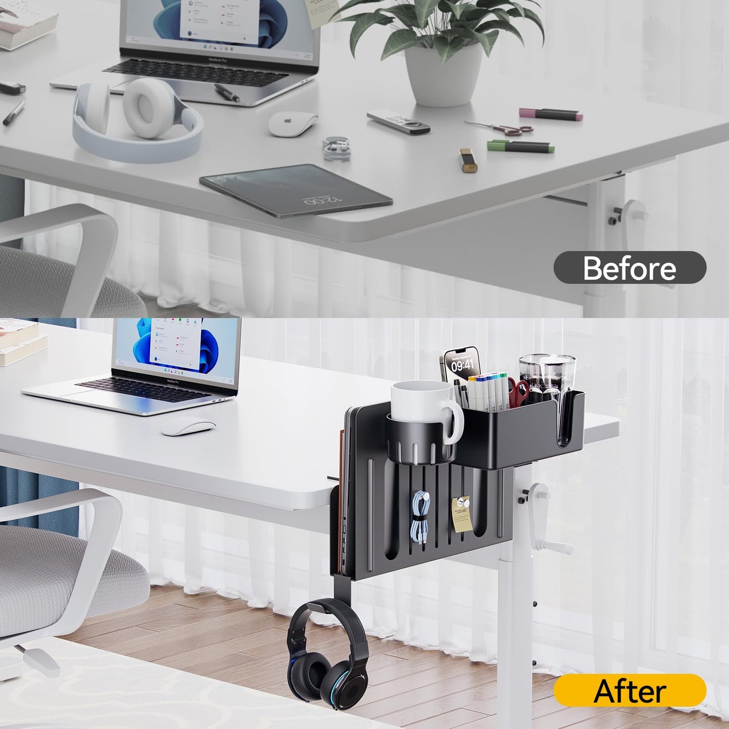 KDD 7 in 1 Desk Side Organizer Set, Under Desk Laptop Holder Storage, No Drill Laptop Mount with 2 Cup Holder, Pen Holder, Headphone Hanger and 2 Pin Magnet, Detachable Hanging Stand for Office & Home