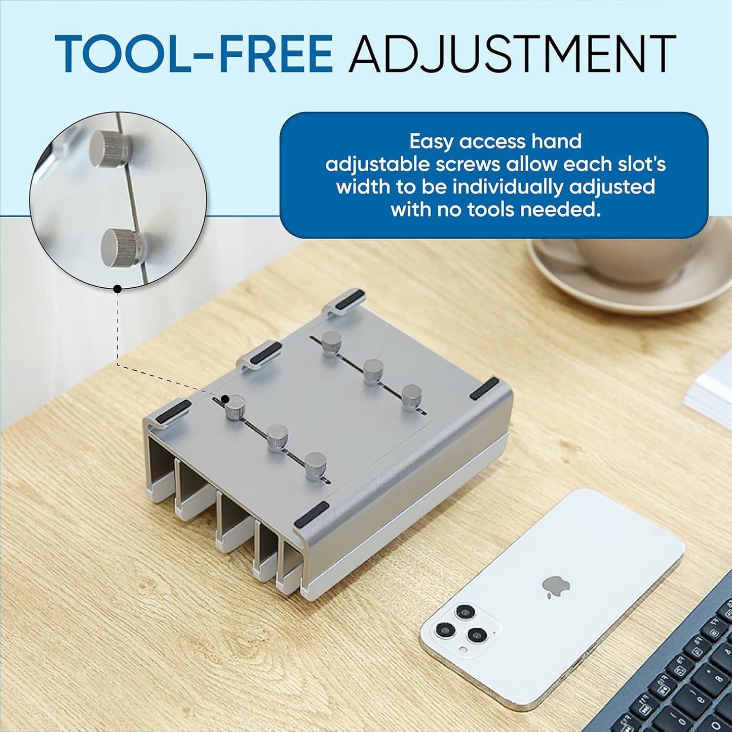 Elestoria Adjustable Vertical Laptop Stand - Fits 5 Devices, Modern Design, Tool Free Adjustment, Protective & Stable | Grey
