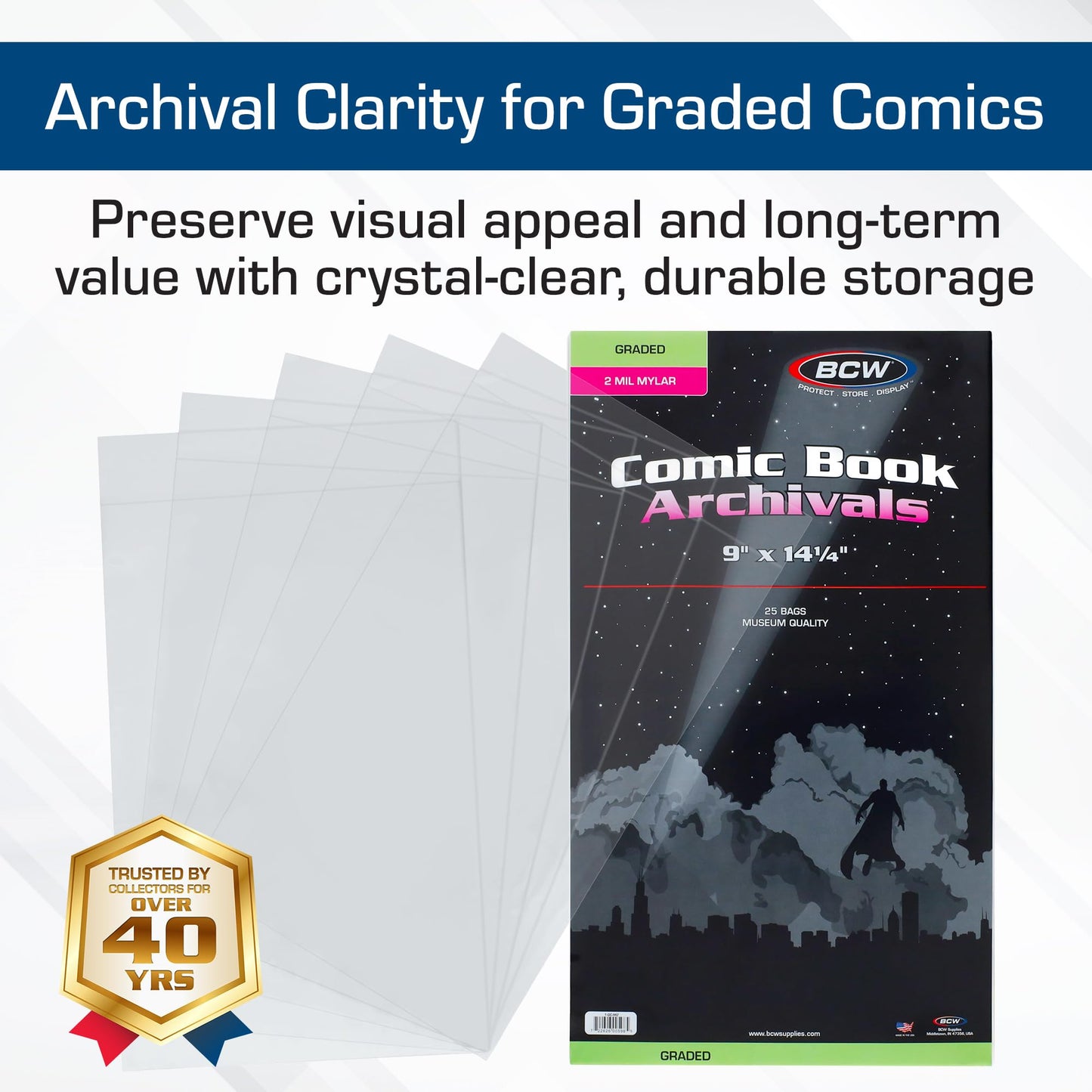 BCW Graded Mylar Comic Book Bags - 25ct | Archival Polyester Protection | Fits CGC Graded Comics | 2 Mil Thickness | 1-1/2" Flap for Secure Closure | 9 x 14 1/4 | Clear Comic Storage
