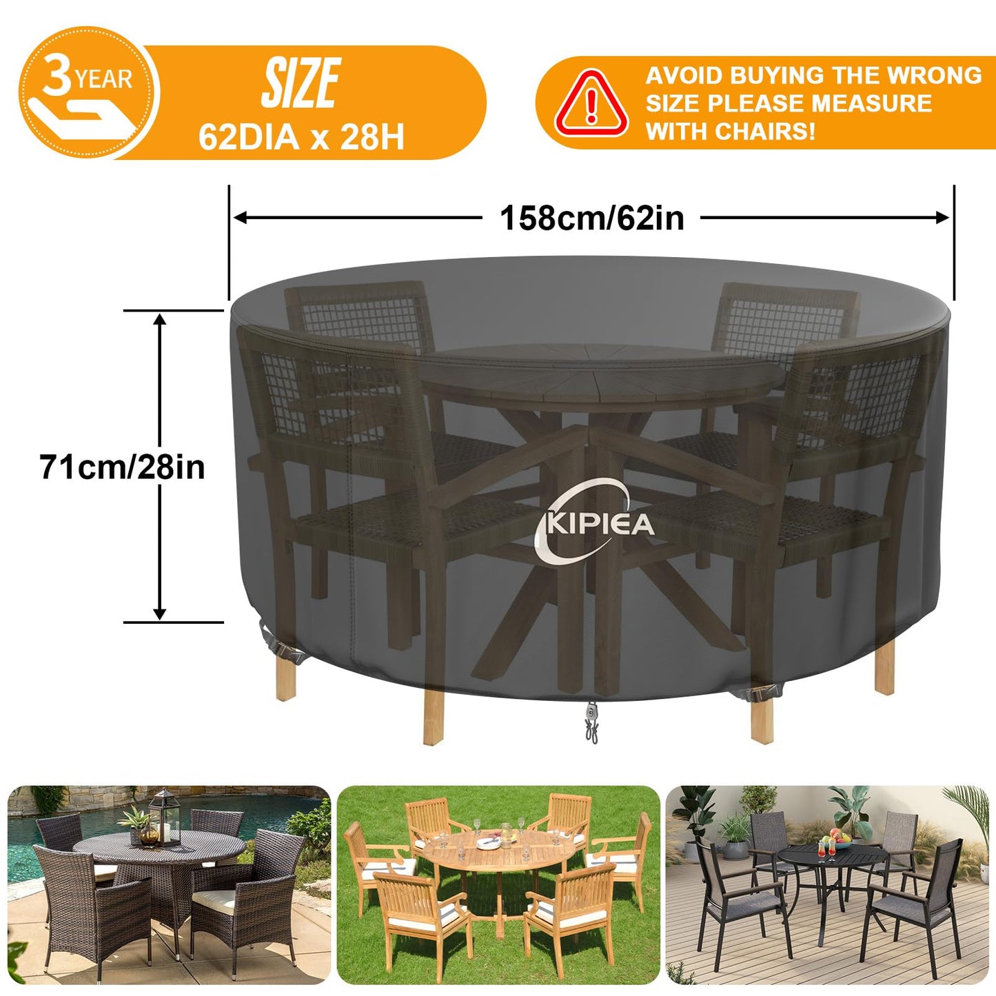 Kipiea Round Patio Table Cover 96" Dia x 36" H, Super Waterproof Round Patio Furniture Cover, Heavy-Duty Round Outdoor Table Cover for Outdoor Furniture Set, UV and Tear Resistant