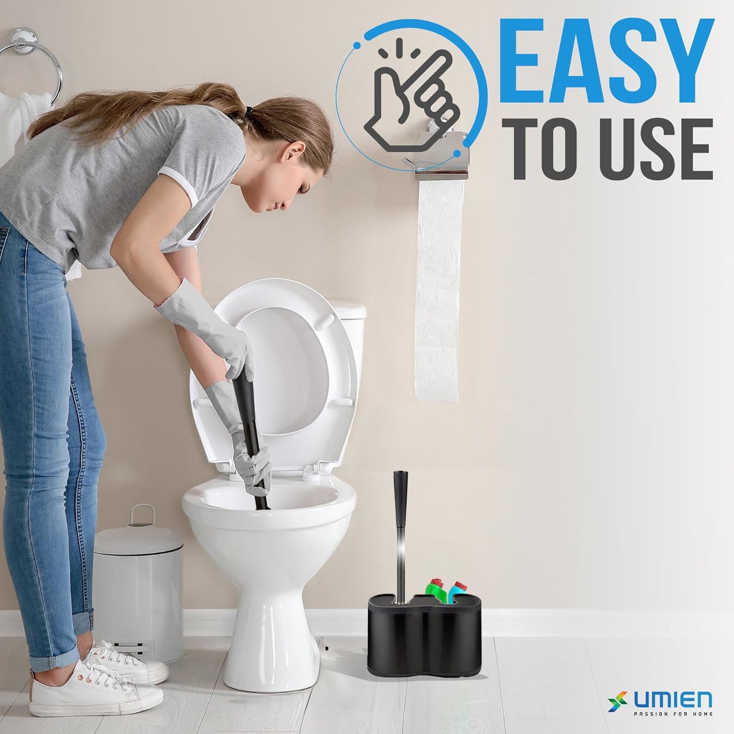 UMIEN™ Toilet Brush and Plunger Set - Black Stainless Steel Plunger and Toilet Brush Combo with Freestanding Canister - Modern and Sleek Bathroom Cleaning Accessories…