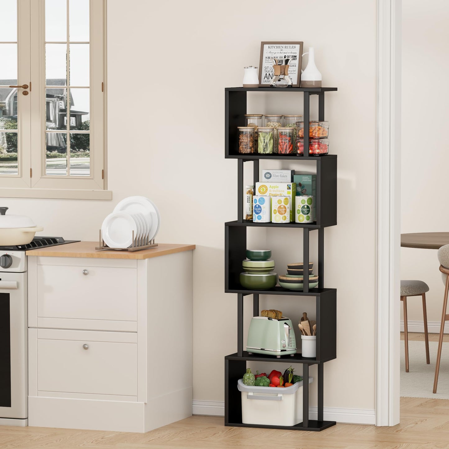 Gadroad 5-Tier Bookshelf, Narrow S-Shaped Geometric Bookcase,Modern Freestanding Display Shelves, Book Shelf Unit for Living Room Bedroom Home Office, Black
