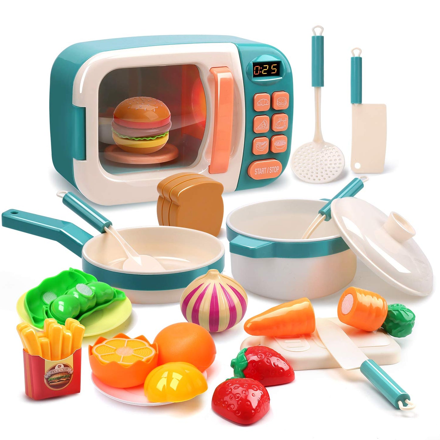 CUTE STONE Kids Play Kitchen Set, Pretend Play Microwave Toys, Kitchen Oven with Play Food, Play Cookwares Toy Pot and Pans Set, Cooking Utensils, Learning Gifts for Kids Toddlers Girls Boys
