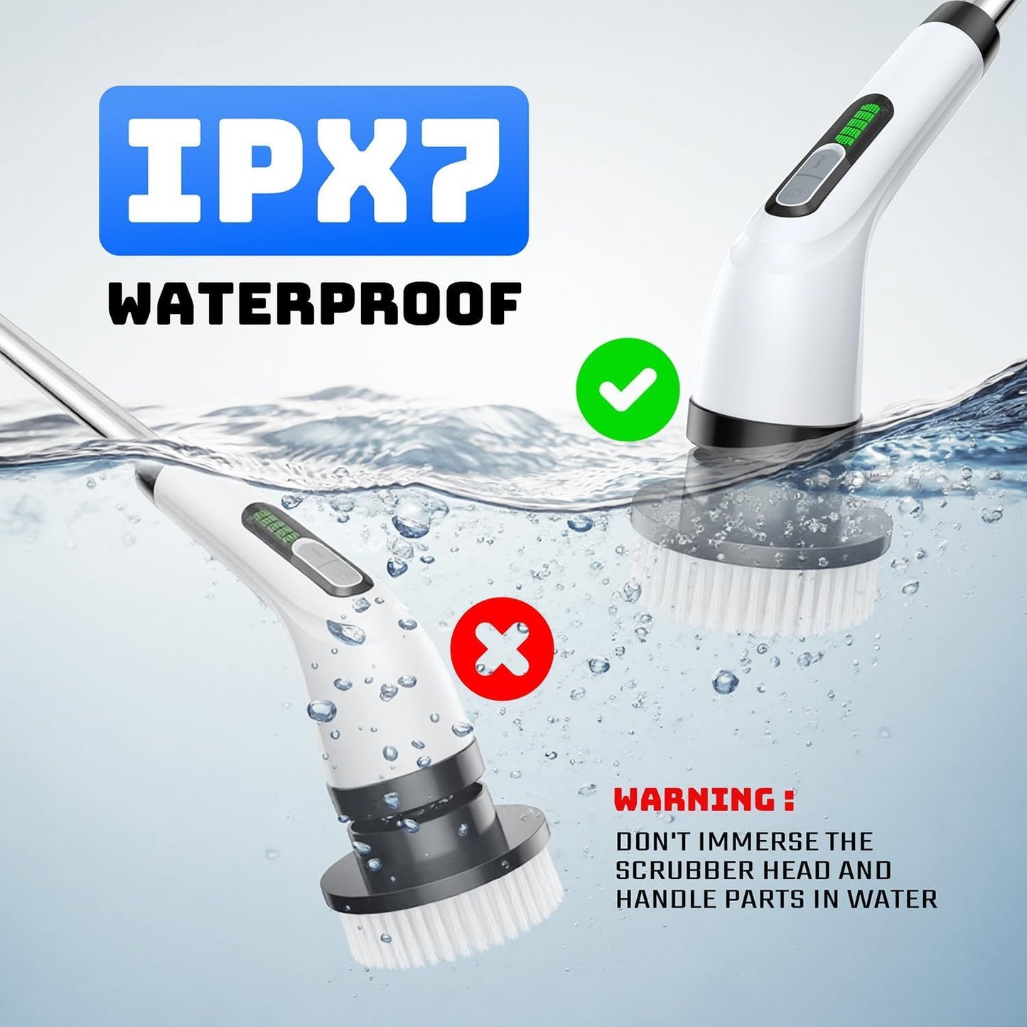 Electric Spin Scrubber for Bathroom: Shower Scrubber with Long Handle, Dual Speed Cordless Power Cleaning Scrub, 7 Brush Heads, IPX7 Waterproof Heavy Duty Cleaner Tools for Tub Tile Grout Wall(White)