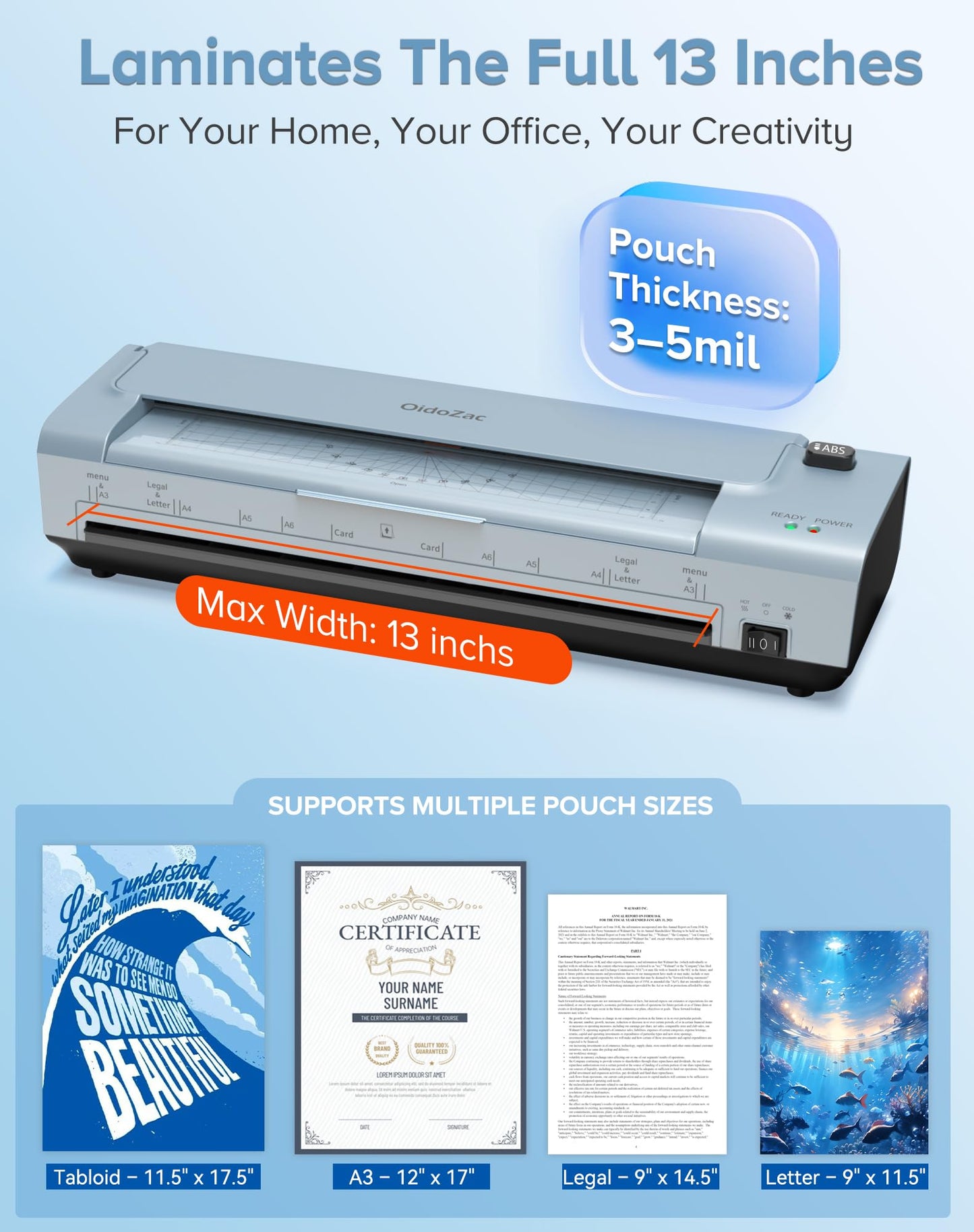 13 Inch Laminator Machine, 11 x 17 Auto Feed Thermal & Cold Laminating Machine with 20 Sheets, Cutter & Corner Rounder for Photos, Letter to Legal, Home Office School, Personal & Commercial (Blue)
