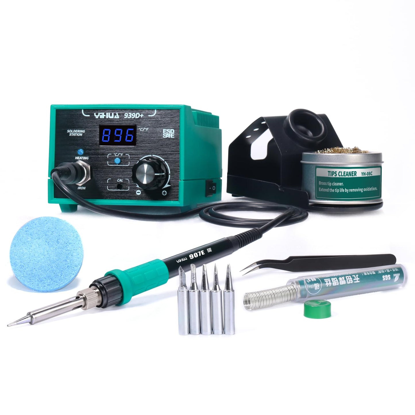 YIHUA 939D+ Digital Soldering Station(SE), 75W Equivalent,Precision Temp Control (392°F to 896°F) & Transformer. ESD Safe, Lead Free with °C/°F display + 5 Solder Tips, Solder & Extras. Fresh Green.