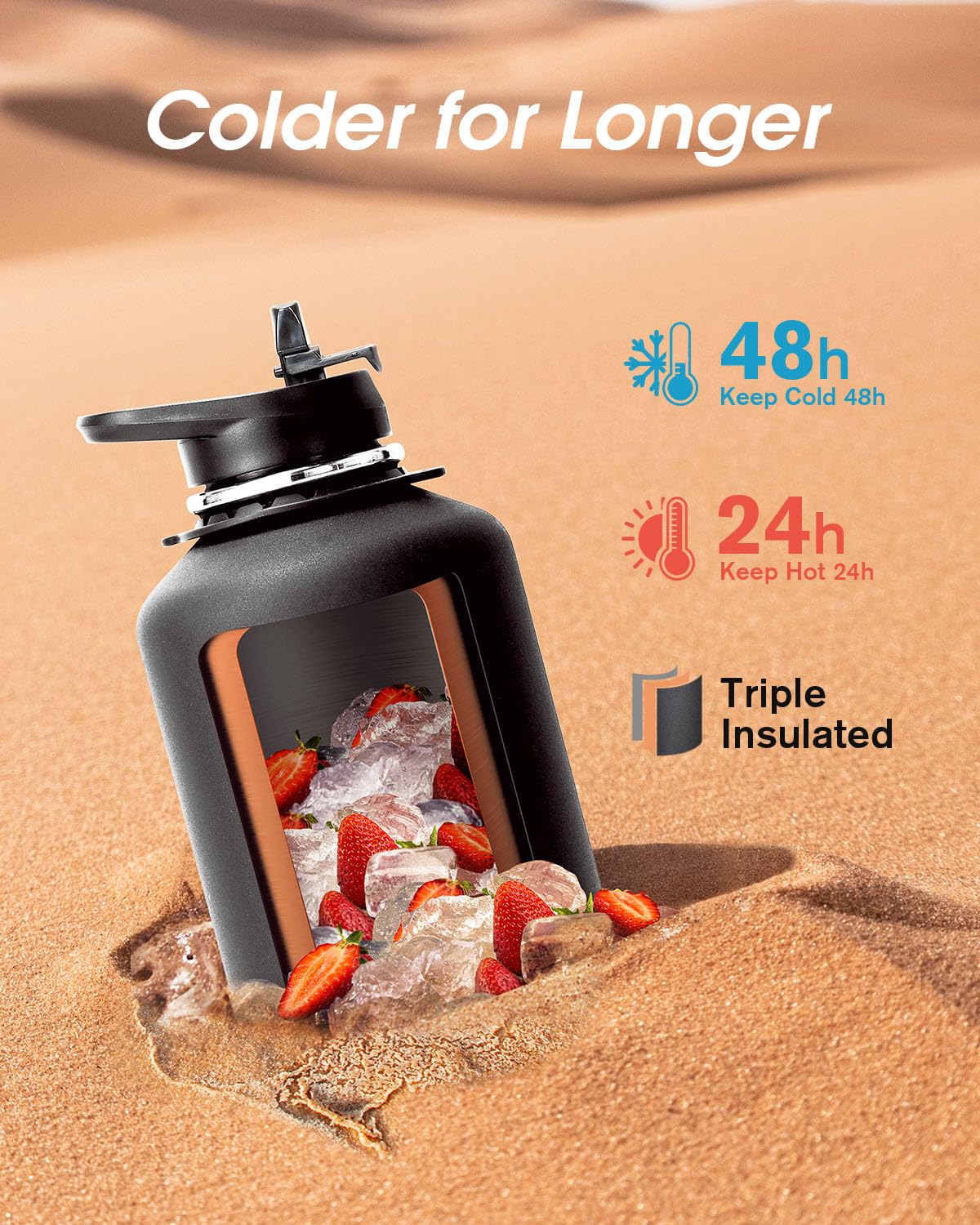 Coolflask Insulated Water Bottle 1893 ml with Strap, Stainless Steel Water Jug with Straw and Spout Lid, Large Metal Water Bottle, Leak-proof and BPA-Free, Black