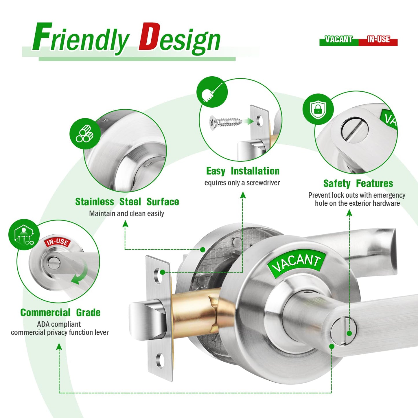 Feeloco Indicator Privacy Lock and Door Lever, Vacant Occupied Bathroom Lock with Privacy in-Use or Vacant Indicator, ANSI Grade2 Commercial Door Handle Lock for Public Restrooms