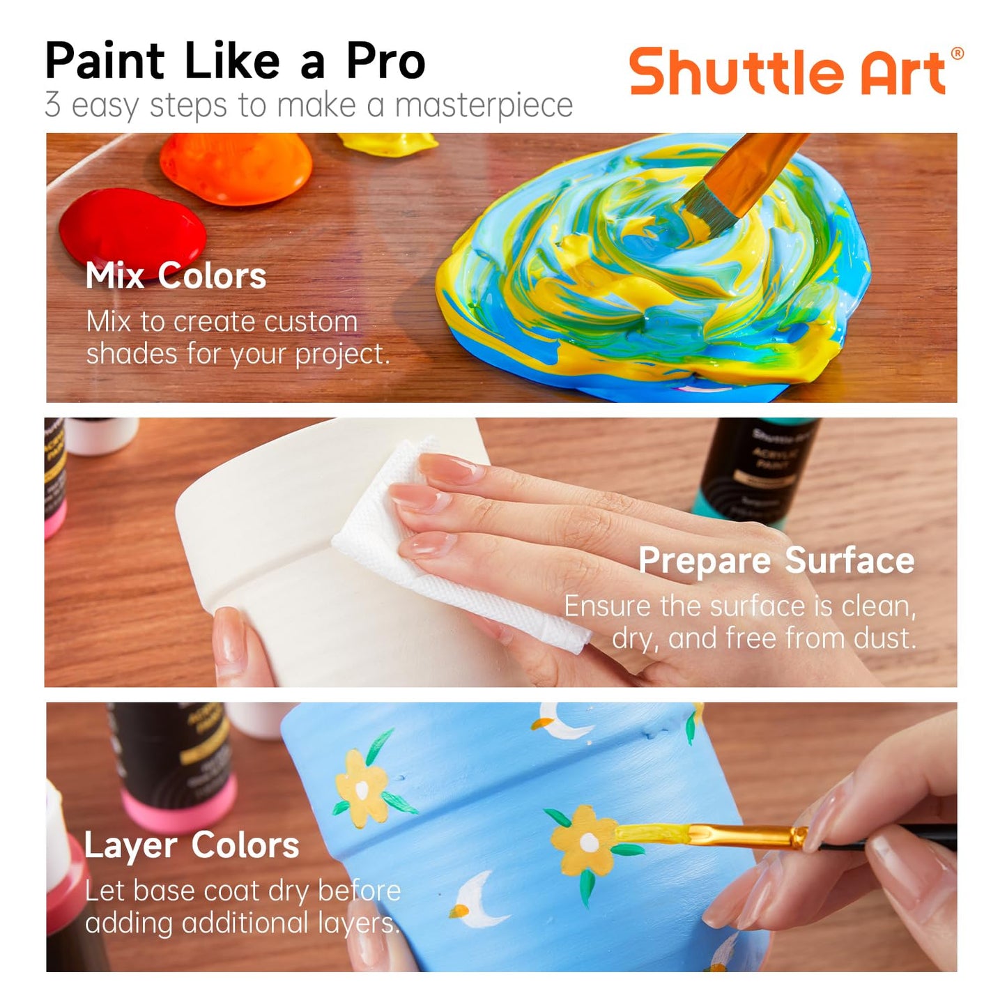 Shuttle Art Outdoor Acrylic Paint Set, 12 Colors Waterproof Paint, 8.45oz/250ml Large Bottles, Rich Pigmented Bulk Painting Supplies for Artists, Beginners on Rocks, Wood, Wall and Garden Statues