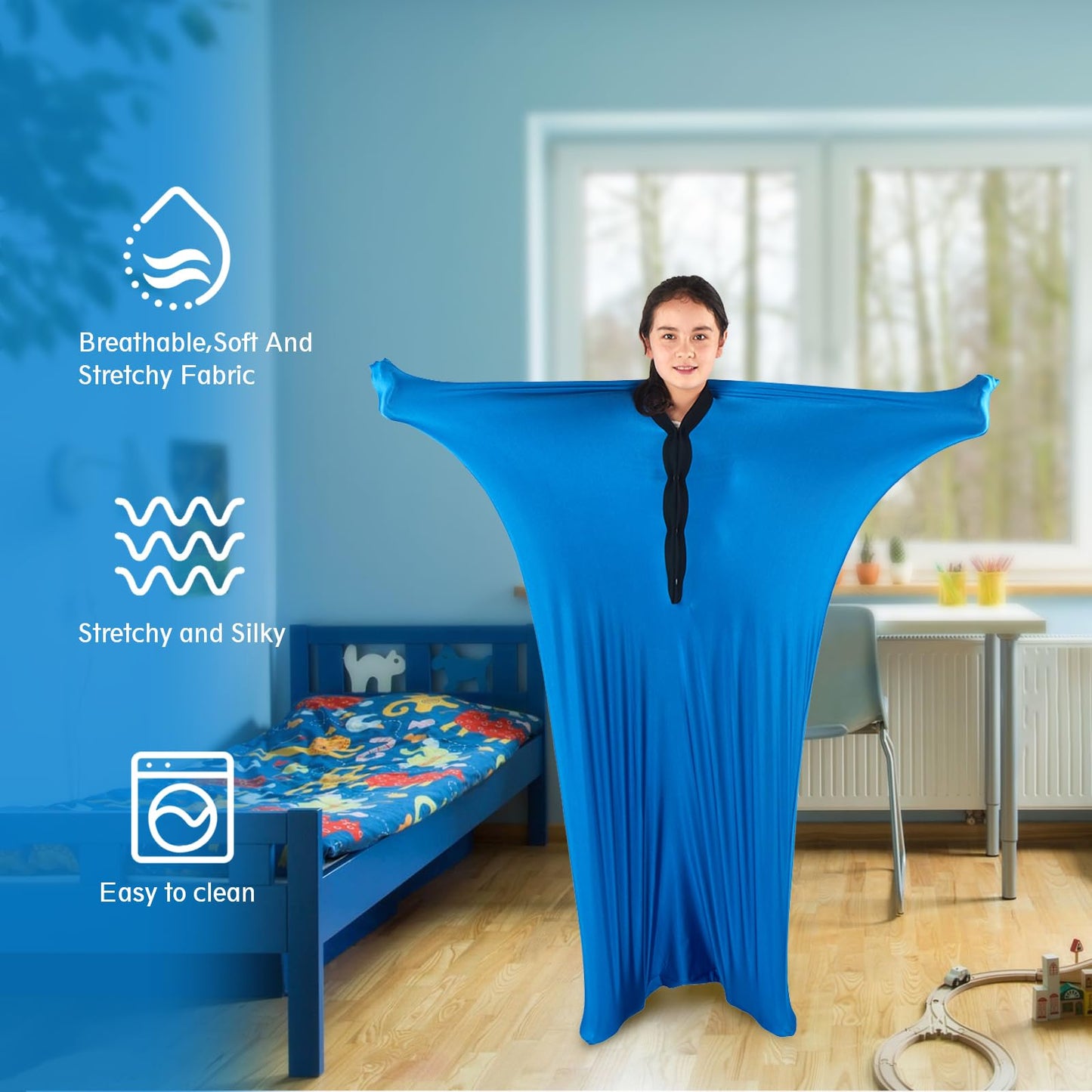 Sensory Sox Stretchy Body Socks Full-Body Wrap to Relieve Stress, Hyposensitivity Great for Boys, Girls with Autism, Anxiety (Large 56"x27", Blue)