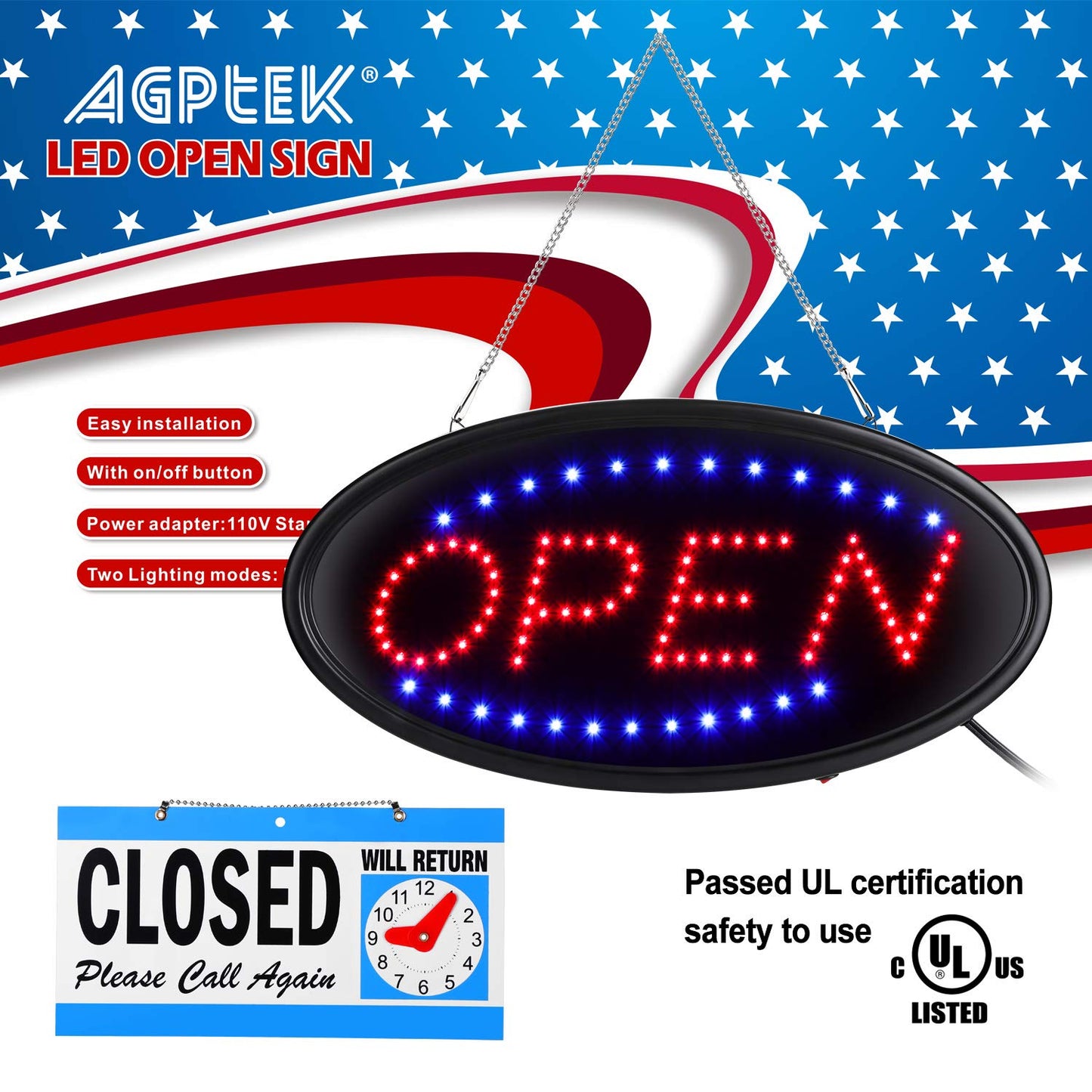 AGPTEK LED Open Sign 19x10inch LED Business Open Sign Advertisement Board Electric Display Sign, Two Modes Flashing & Steady Light, for Business, Walls, Window, Shop, bar