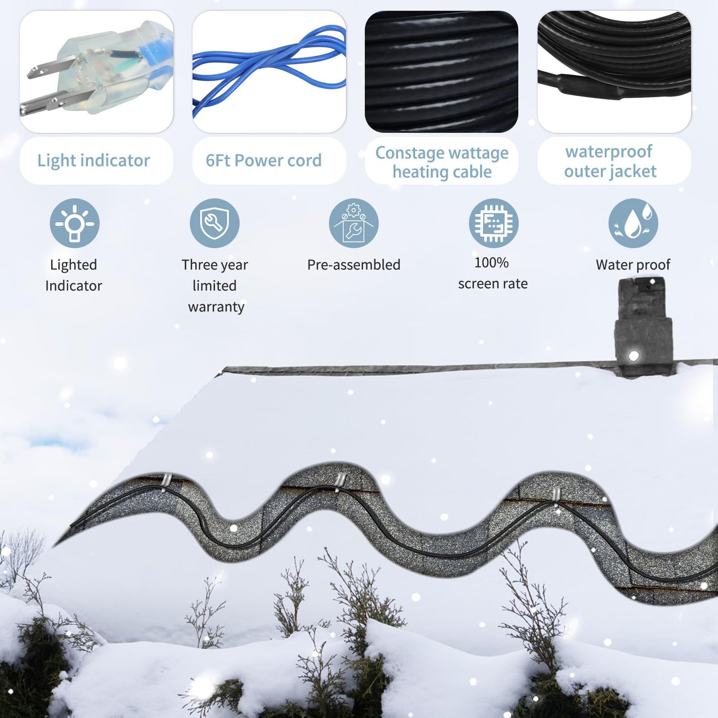 TOPDURE 60ft Roof Deicing Cable, 5w/ft Constant Wattage, CSA ETL Certified, Prevents Ice Dams on Metal or Plastic Gutters/Downspouts, 120V