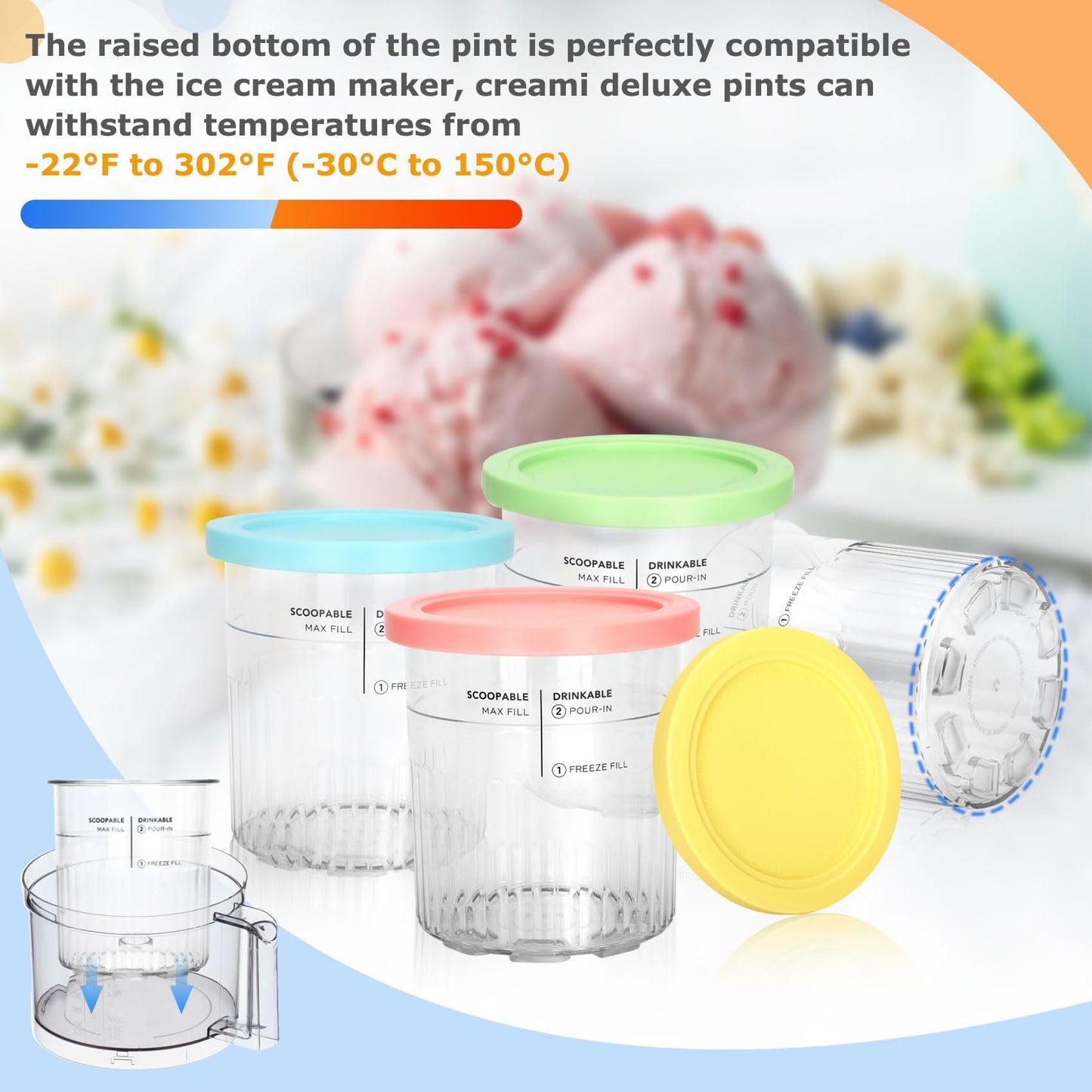 Containers Replacement for Ninja Creami Pints and Lids & Scoop - 4 Pack | Compatible with NC500/NC501AMZ Series | BPA-Free, Dishwasher-Safe, Leak-Proof Pints for Homemade Ice Cream