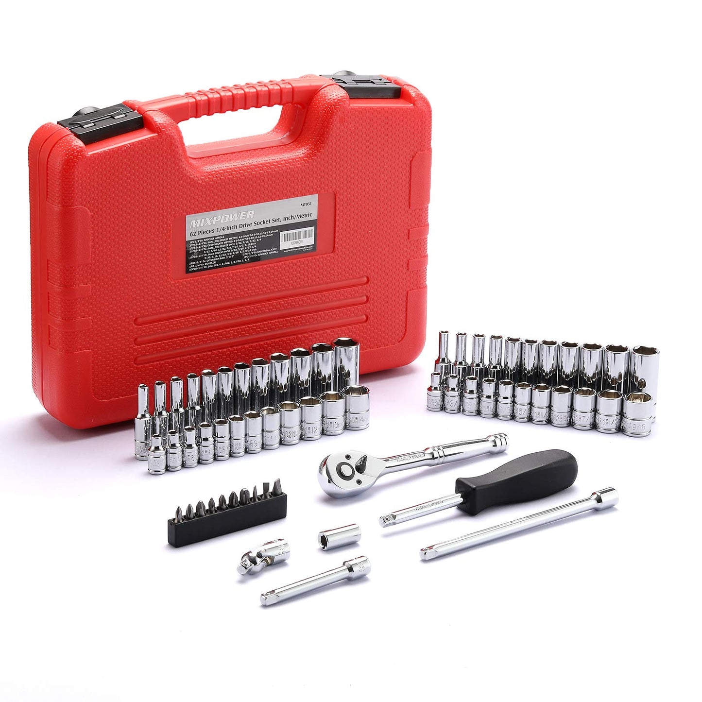 MIXPOWER 62-Piece 1/4-Inch Dr. Master Socket Set with Ratchets,Universal Joint, Drive Extension Bar Set with 1/4'' Dr. Bits Set, SAE/Metric, 6-Point, 5/32-Inch - 9/16-Inch, 4 mm - 14 mm, CR-V Socket