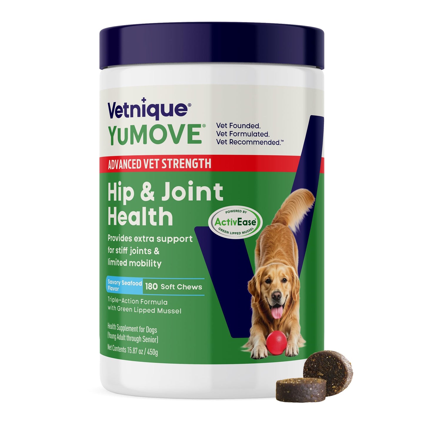 YuMOVE Advanced Vet Strength Hip & Joint Supplement for Dogs with Glucosamine, Hyaluronic Acid, ActivEase Green Lipped Mussel & Omega 3 Joint Supplement for Stiffness & Mobility (180ct Chews)
