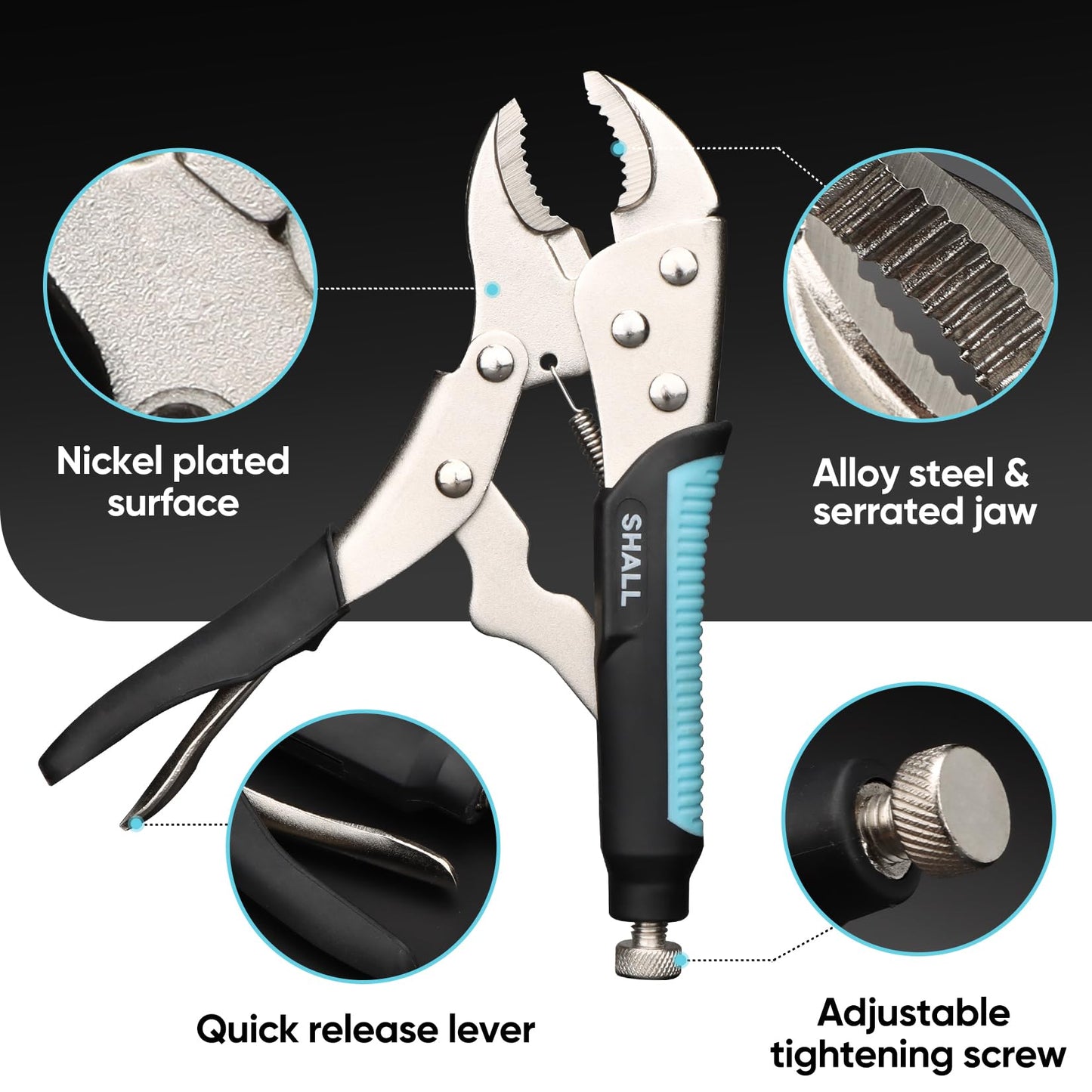 SHALL 6-Piece Locking Pliers, Vice Grips Pliers Set, 5",7" & 10" Curved Jaw, 6-1/2" & 9-1/2 Long Nose Locking Pliers, 6" Locking C-Clamp, Two-Color TPR Handle, Roll Up Pouch Included