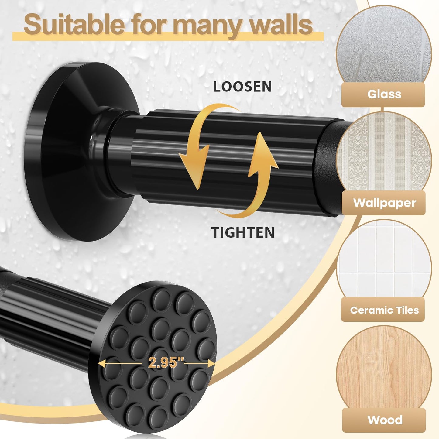 Zipglo Tension Curtain Rods 51-128 Inch Black, Adjustable Curtain Rod - No Drilling, Heavy Duty Spring Tension Extra Long Shower Rod for Bathroom, Window, Closet, Patio, Diameter 1.26 Inches